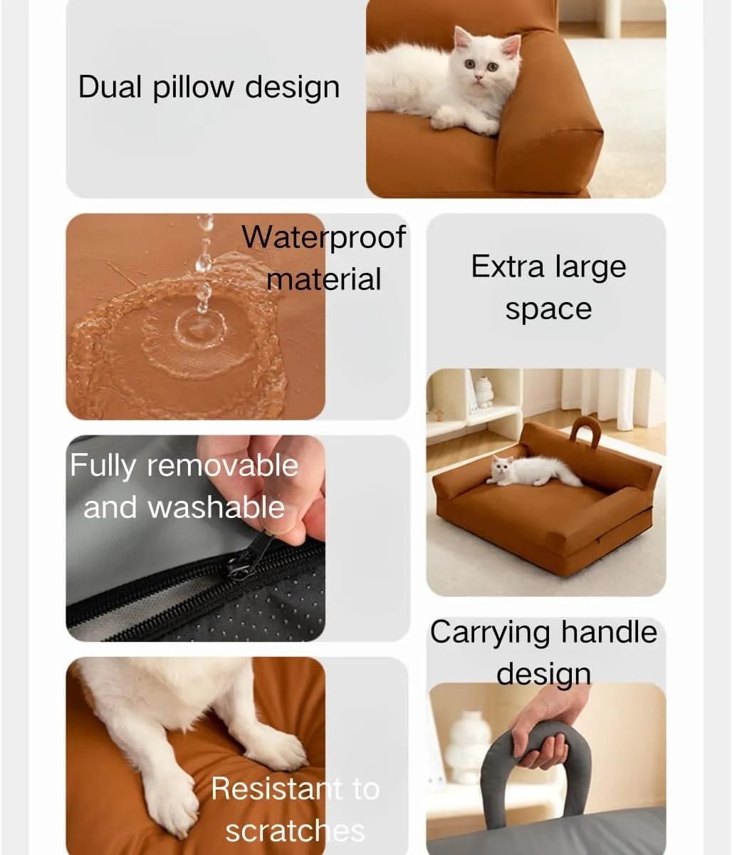 Pet Sofa Bed, Vintage Cat Puppy Faux Leather Couch with Non-Slip Bottom and Handle for Cats or Small Medium Dog Chair, Detachable and Washable, Waterproof Cat Sofa Bed (Brown,Large)
