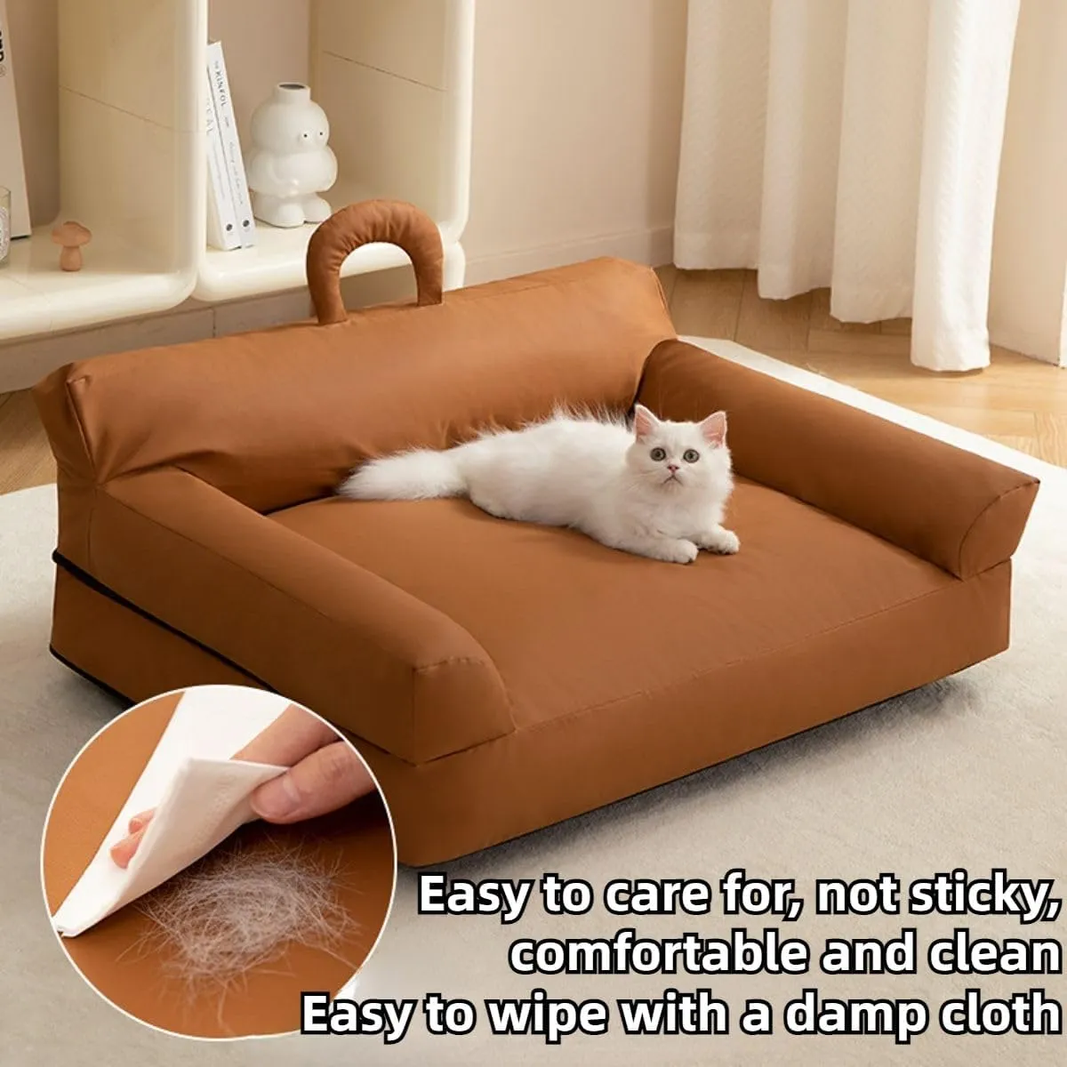 Pet Sofa Bed, Vintage Cat Puppy Faux Leather Couch with Non-Slip Bottom and Handle for Cats or Small Medium Dog Chair, Detachable and Washable, Waterproof Cat Sofa Bed (Brown,Large)