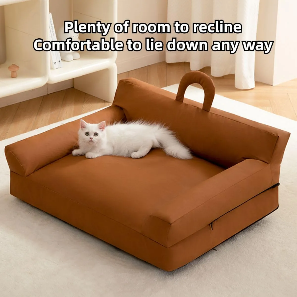 Pet Sofa Bed, Vintage Cat Puppy Faux Leather Couch with Non-Slip Bottom and Handle for Cats or Small Medium Dog Chair, Detachable and Washable, Waterproof Cat Sofa Bed (Brown,Large)