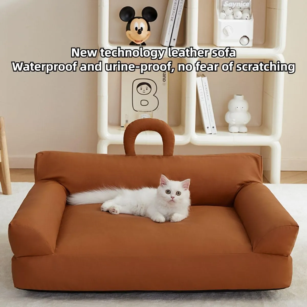 Pet Sofa Bed, Vintage Cat Puppy Faux Leather Couch with Non-Slip Bottom and Handle for Cats or Small Medium Dog Chair, Detachable and Washable, Waterproof Cat Sofa Bed (Brown,Large)