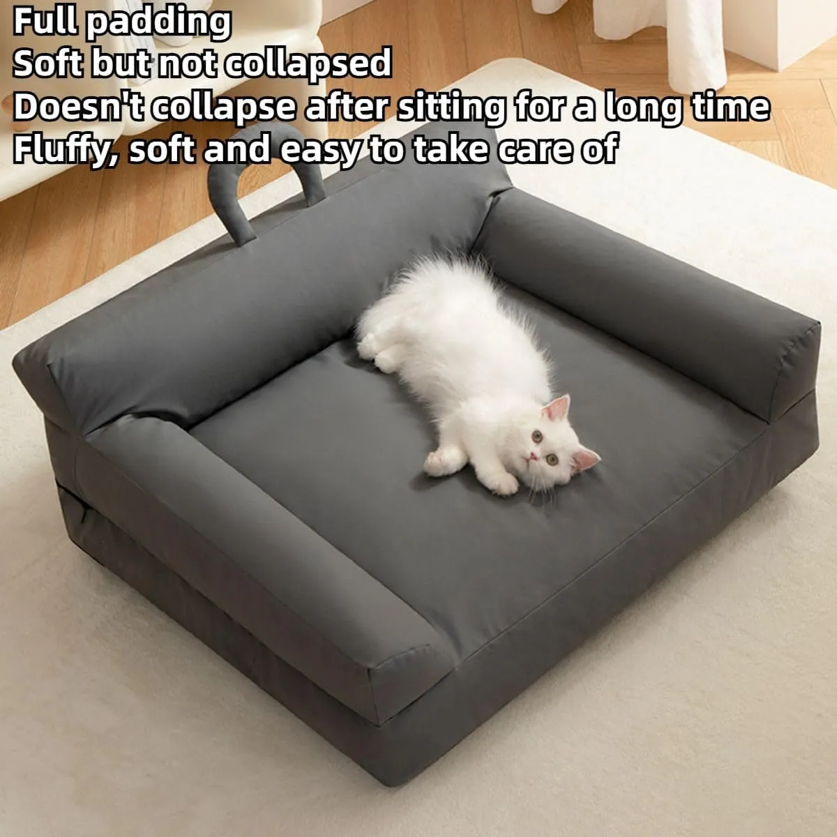 Pet Sofa Bed, Vintage Cat Puppy Faux Leather Couch with Non-Slip Bottom and Handle for Cats or Small Medium Dog Chair, Detachable and Washable, Waterproof Cat Sofa Bed (Brown,Large)
