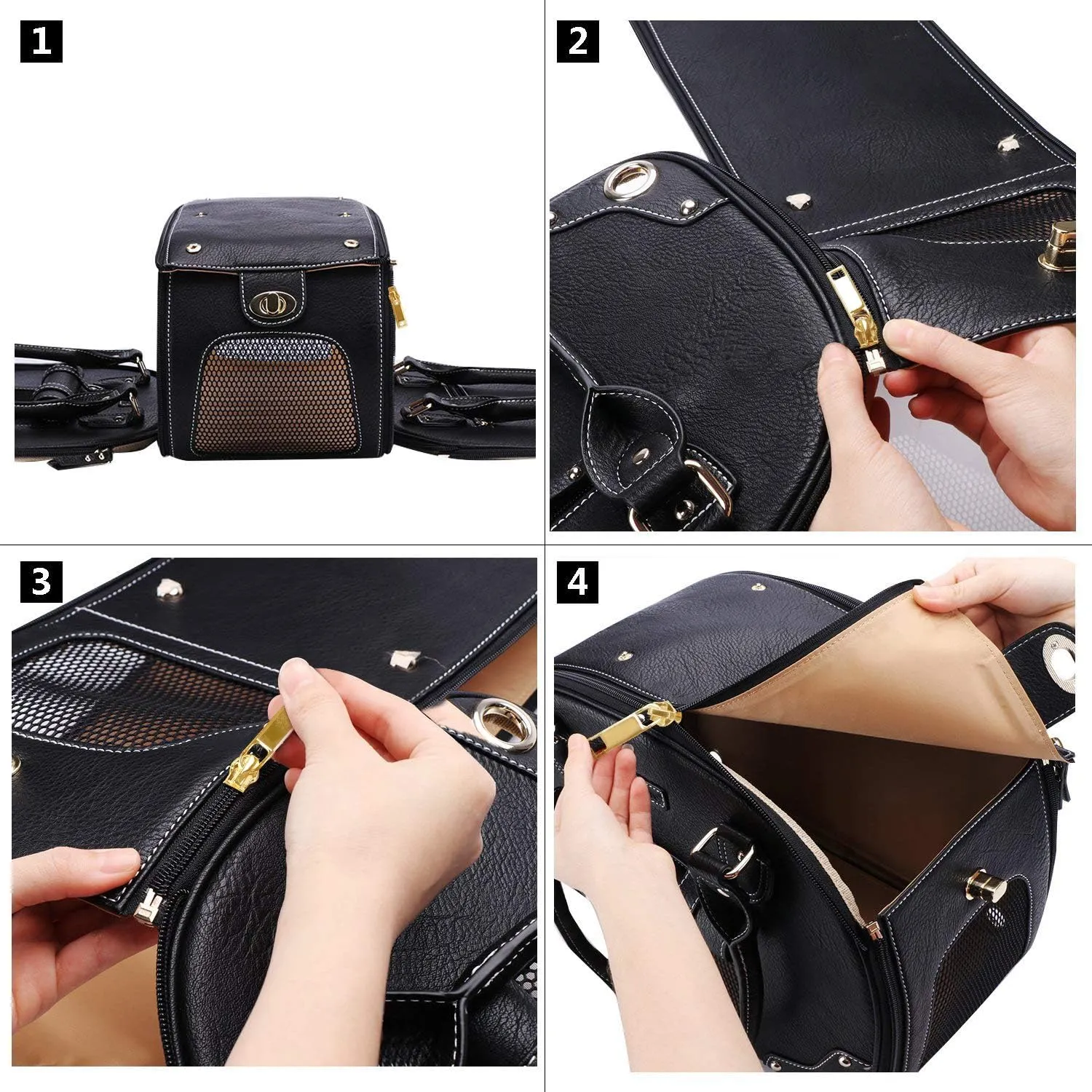 PetsHome Dog Carrier Purse, Pet Carrier, Cat Carrier, Foldable Waterproof Premium PU Leather Pet Travel Portable Bag Carrier for Cat and Small Dog Home & Outdoor Medium Black