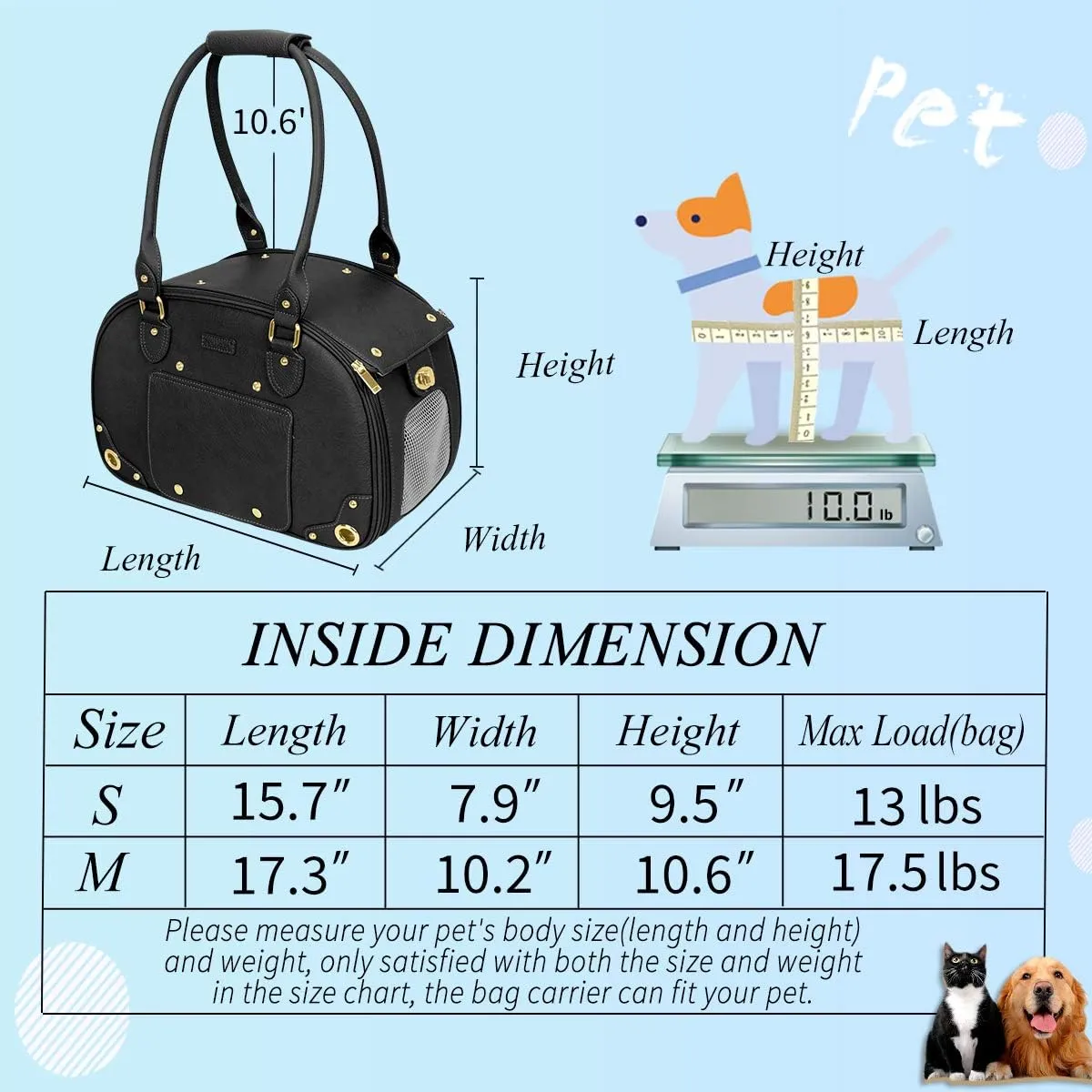 PetsHome Dog Carrier Purse, Pet Carrier, Cat Carrier, Foldable Waterproof Premium PU Leather Pet Travel Portable Bag Carrier for Cat and Small Dog Home & Outdoor Medium Black