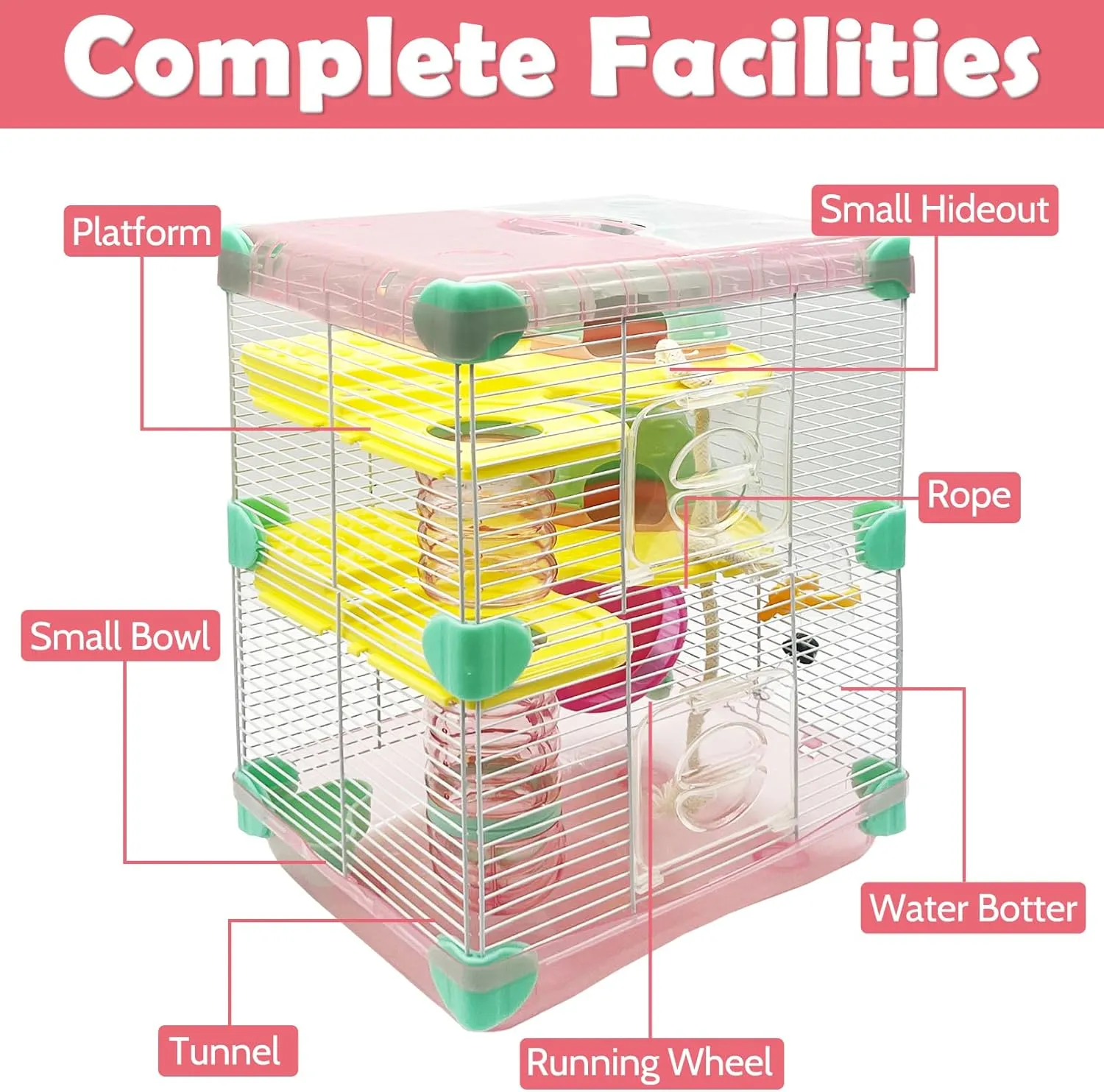 PINVNBY Portable Hamster Cage Large 3-Floors Hamster Habitat Small Animal Critter Enclosure with Bedroom, Kettle, Track, Food Box, Slide etc Mouse Mice Habitat Gerbil House for Hamsters (Pink)