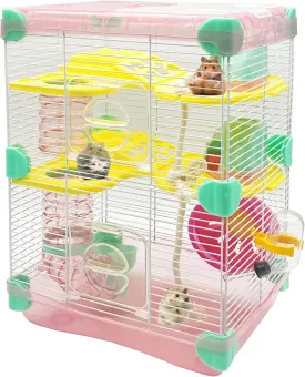 PINVNBY Portable Hamster Cage Large 3-Floors Hamster Habitat Small Animal Critter Enclosure with Bedroom, Kettle, Track, Food Box, Slide etc Mouse Mice Habitat Gerbil House for Hamsters (Pink)