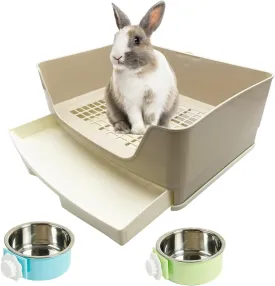 PINVNBY Rabbit Corner Litter Box with Drawer for Cage Small Animal Litter Pan Hanging Pet Feed Bowls Cage Potty Trainer Pet Toilet for Rabbit Bunny Guinea Pigs Chinchilla Ferret