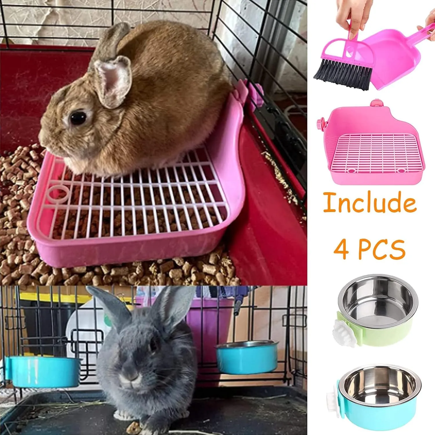 PINVNBY Rabbit Litter Box for Cage Bunny Corner Bedding Box Small Animal Litter Pan Hanging Pet Bowls Cage Potty Trainer Pet Toilet for Rabbit Bunny Guinea Pigs (Pink)