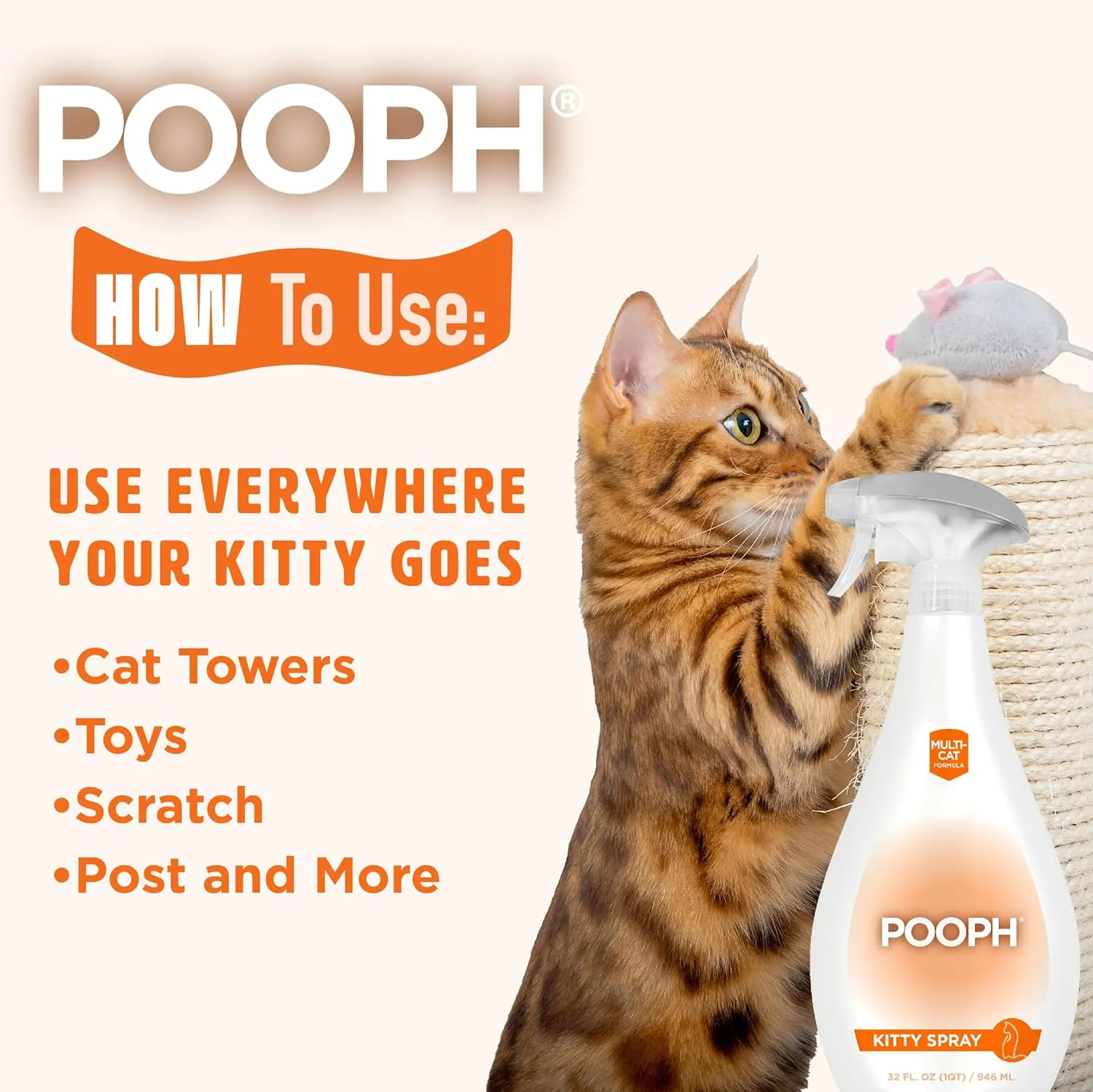 POOPH Kitty Spray - Patented Technology Eliminates Organic Odor On-Contact Goes Anywhere Your Kitty Goes - Cat Trees, Furniture, Bedding & More Safe Fragrance-Free Non-Toxic Eco-Conscious