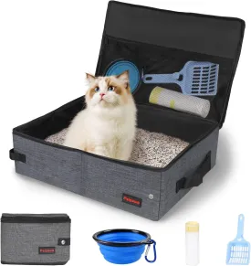 Portable Cat Travel Litter Box. Zipped Lid, Collapsible Litter Box for Cats. No Leakage, No Smell. Easy to Carry. Used for Hotels, Camping, Car(Gray,L)