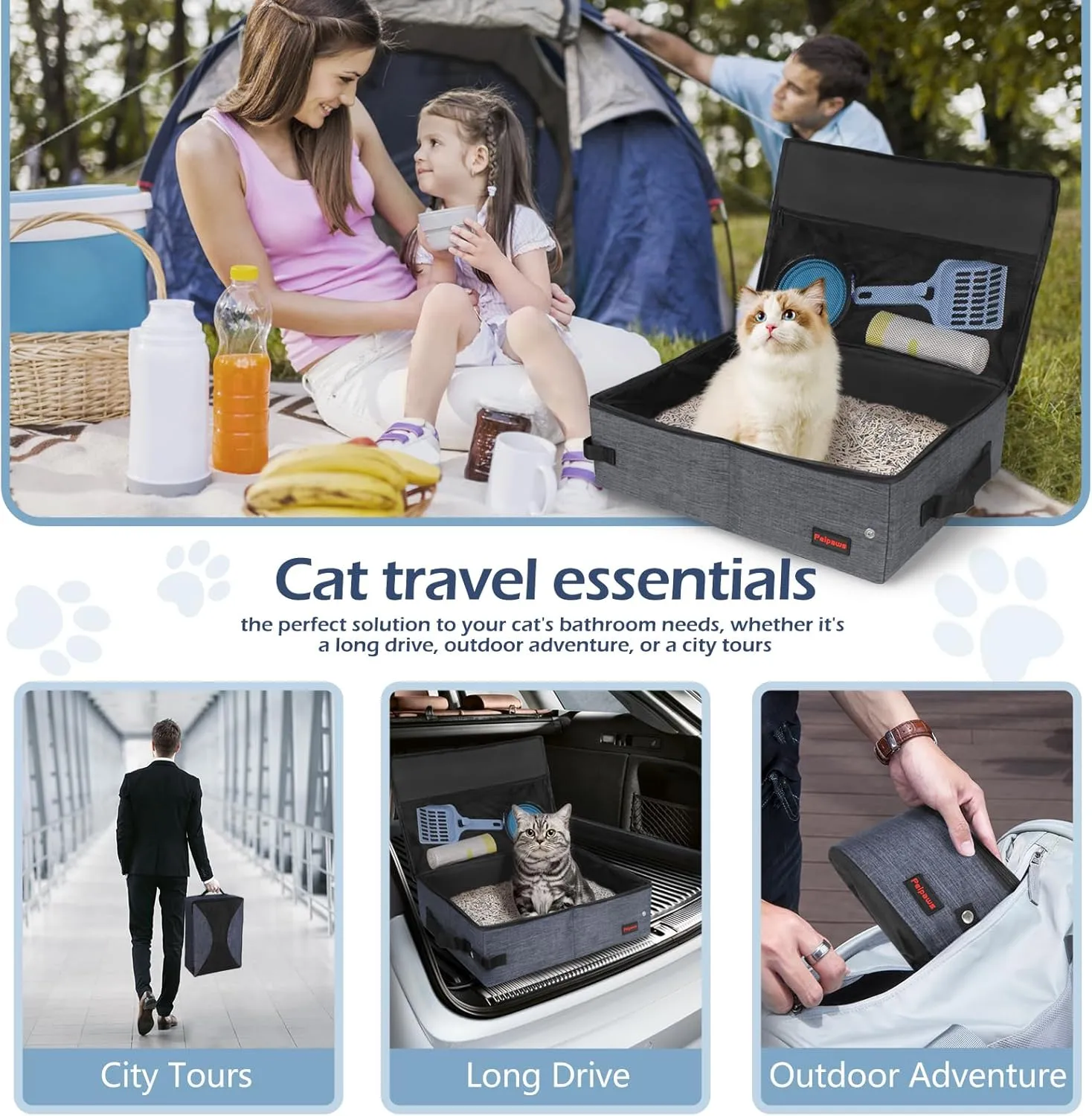 Portable Cat Travel Litter Box. Zipped Lid, Collapsible Litter Box for Cats. No Leakage, No Smell. Easy to Carry. Used for Hotels, Camping, Car(Gray,L)