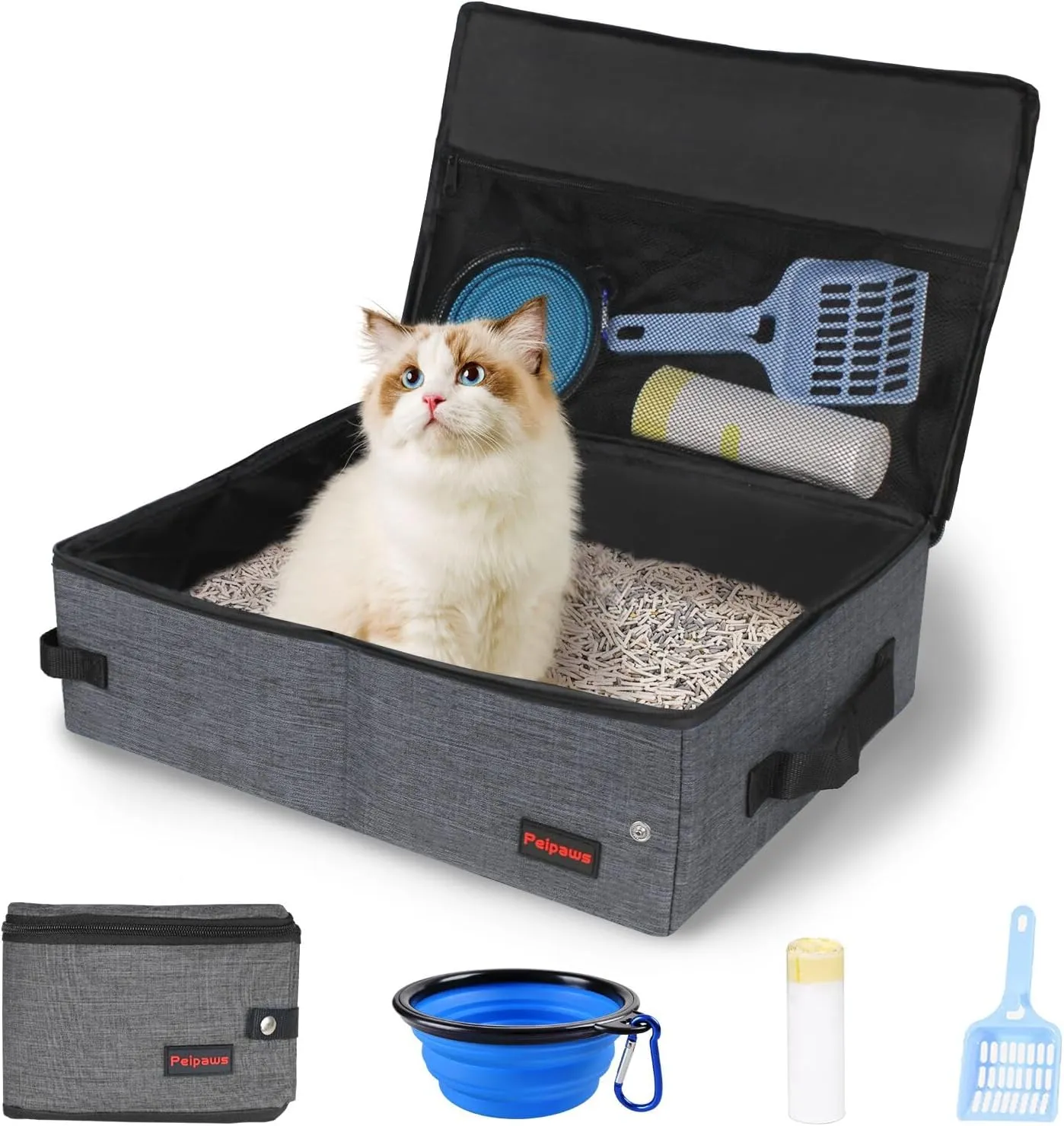 Portable Cat Travel Litter Box. Zipped Lid, Collapsible Litter Box for Cats. No Leakage, No Smell. Easy to Carry. Used for Hotels, Camping, Car(Gray,L)