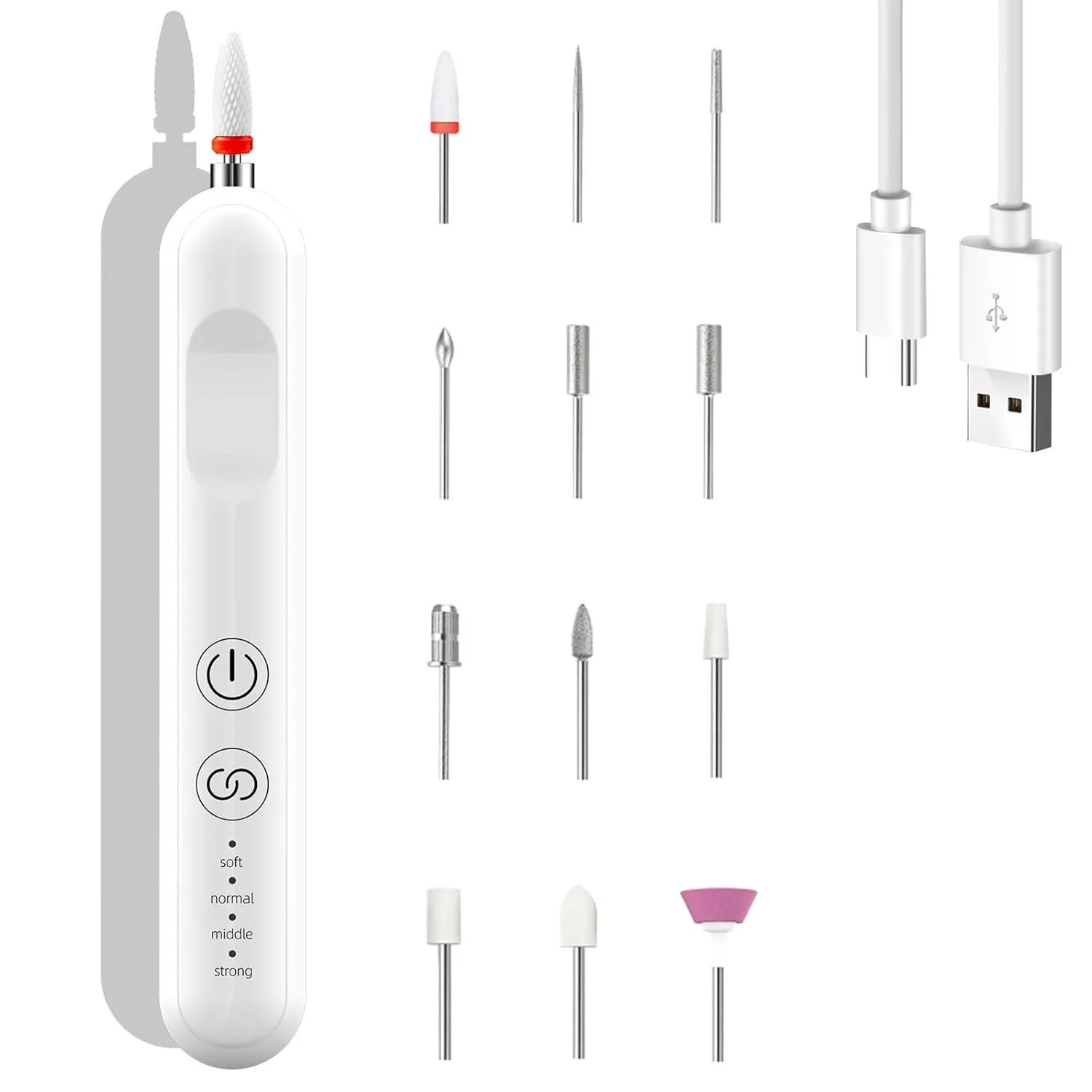 Portable Cordless Nail Drill Manicure Pedicure Drill Acrylic Gel Nail Shape Tools Nail Grinding Machine with Spotlight White