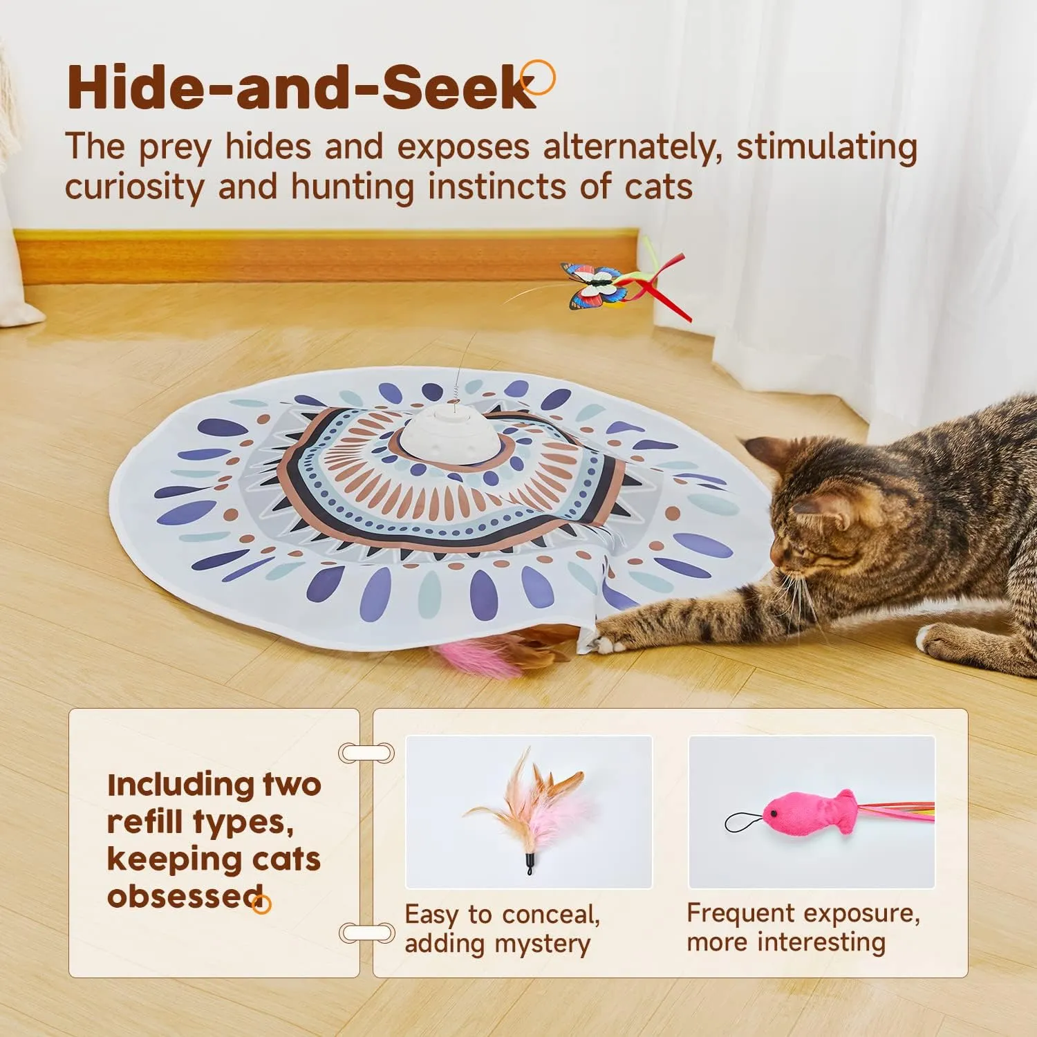Potaroma Cat Toys Chargeable, 3in1 Hide and Seek for Kittens, Interactive Automatic Play, Fluttering Butterfly, Moving Wand Feather, Indoor Kitty Exercise 22.8 Inch Cover for All Breeds