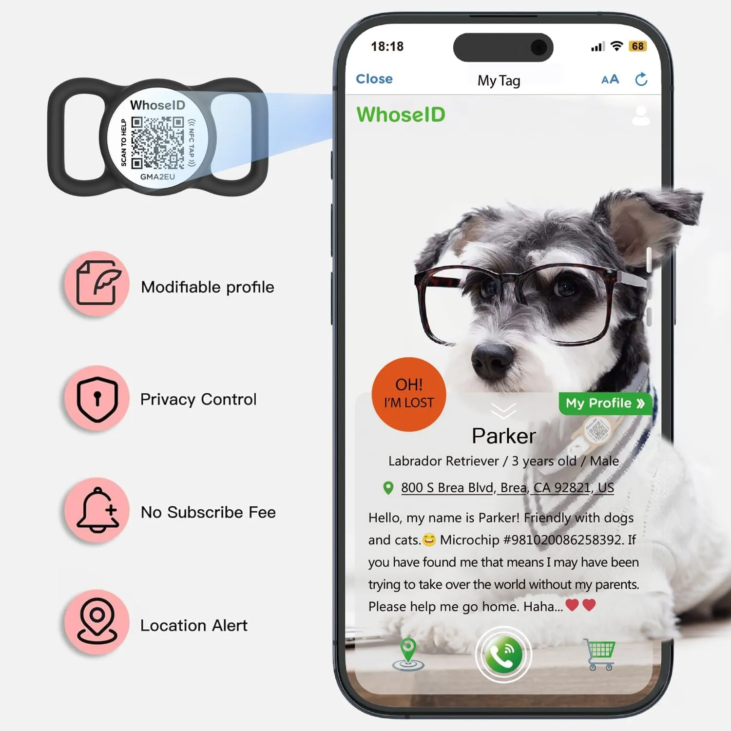 QR Code Dog Tag with NFC, Personalized Pet ID Tag, Silent Dog ID Tag, Modifiable Pet Online Profile, Multiple Emergency Contact, Scan QR Code Send GPS Location Email (Regular, Black&White)