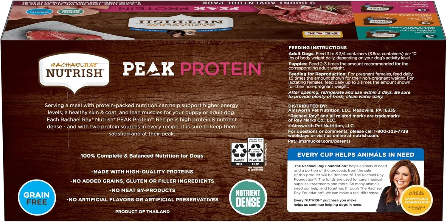 Rachael Ray Nutrish Peak Natural Wet Dog Food with Added Vitamins, Minerals & Other Nutrients, Adventure Pack Variety, 3.5 Ounce Tub (Pack of 18), Grain Free, High Protein