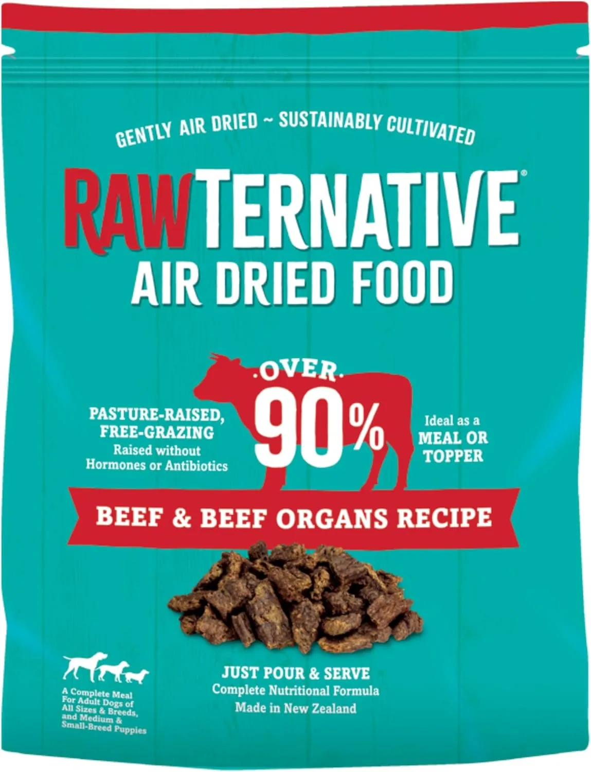 RawTernative Air Dried Dog Food, High Protein, Over 90% Real Beef & Beef Organs   New Zealand Green Mussels, Complete Meal or Topper, Grain Free, Gluten Free, Non GMO, (3 lb Bag)
