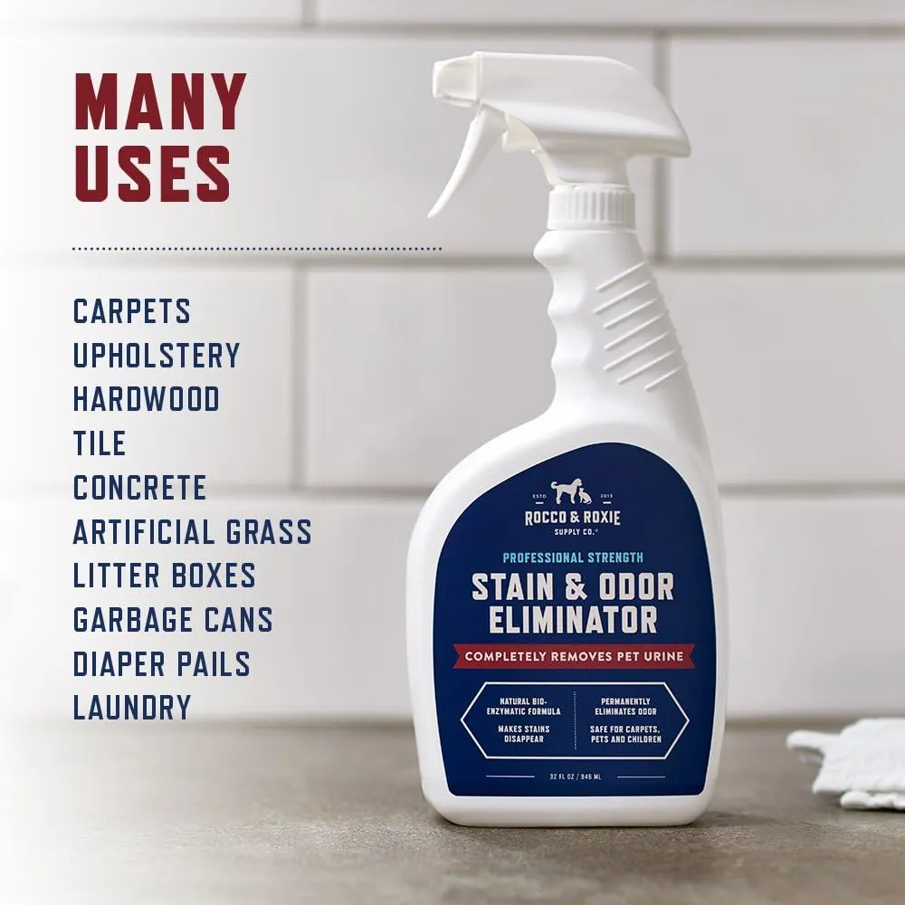 Rocco & Roxie Stain & Odor Eliminator for Strong Odor, 32oz Enzyme Pet Odor Eliminator for Home, Carpet Stain Remover for Cats & Dog Pee, Enzymatic Cat Urine Destroyer, Carpet Cleaner Spray