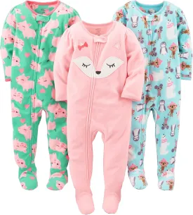 Simple Joys by Carter's Toddlers and Baby Girls' Loose-Fit Flame Resistant Fleece Footed Pajamas, Pack of 3