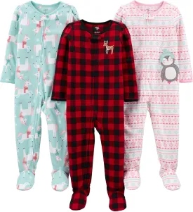 Simple Joys by Carter's Toddlers and Baby Girls' Loose-Fit Flame Resistant Fleece Footed Pajamas, Pack of 3