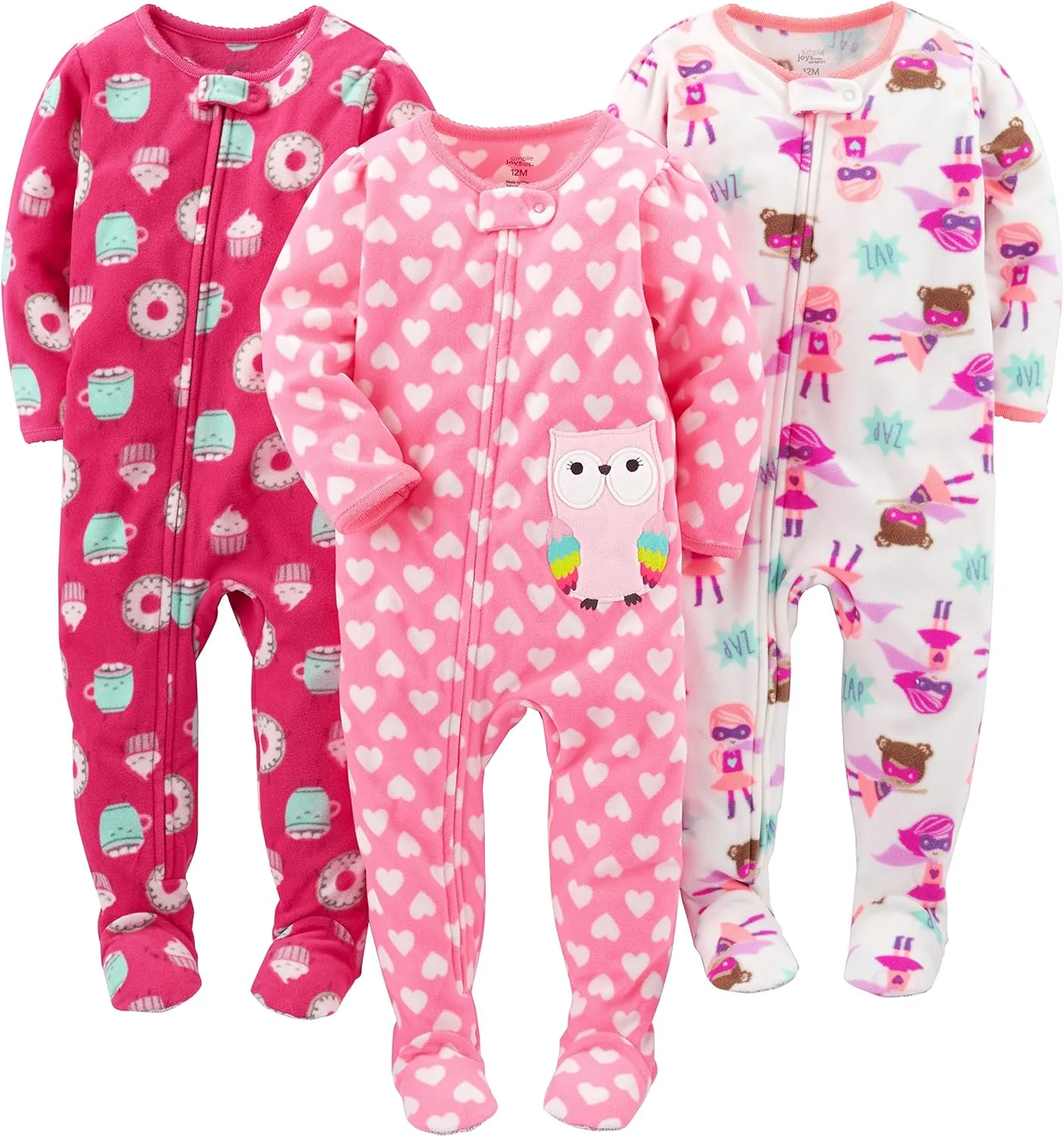Simple Joys by Carter's Toddlers and Baby Girls' Loose-Fit Flame Resistant Fleece Footed Pajamas, Pack of 3
