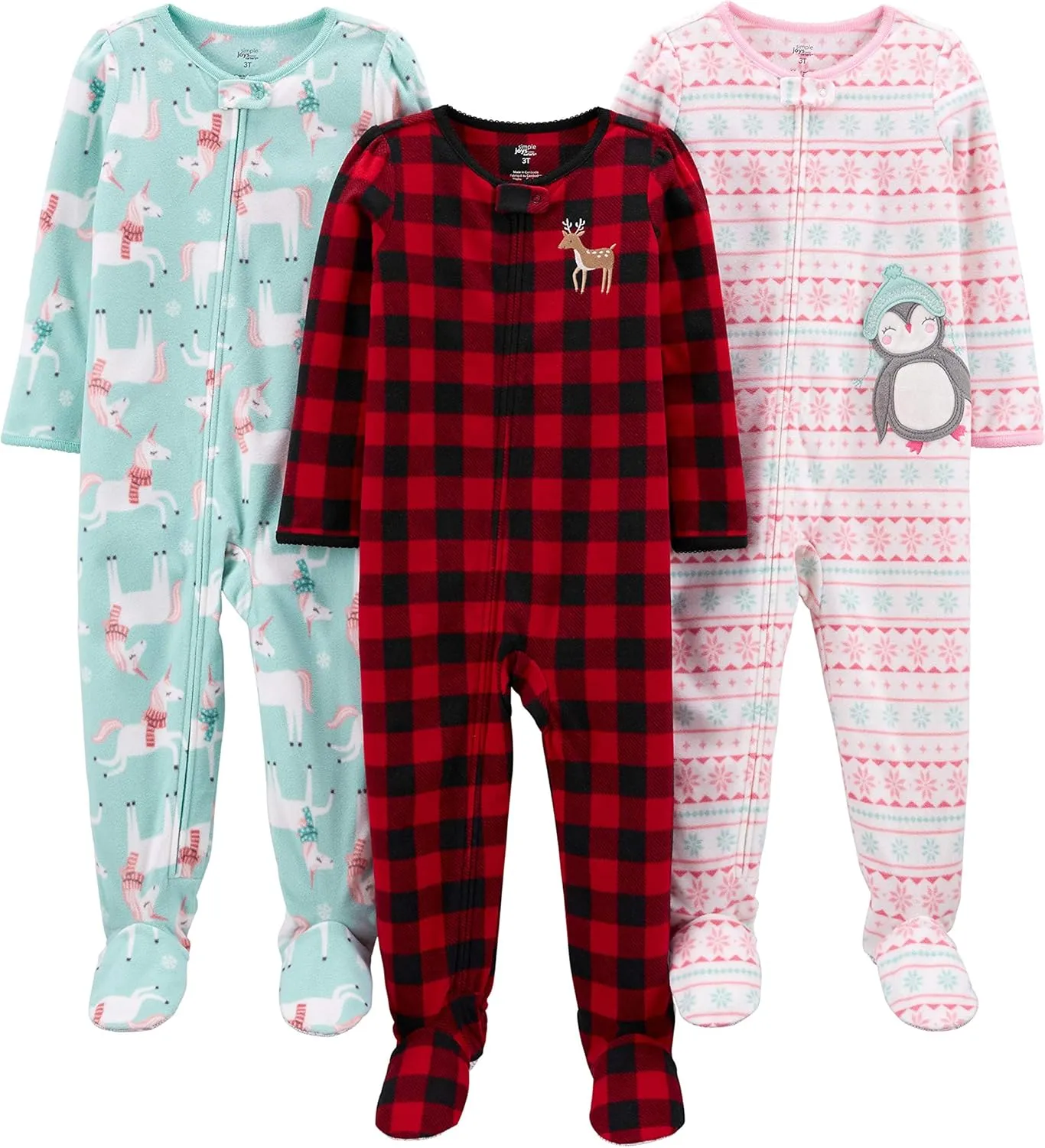 Simple Joys by Carter's Toddlers and Baby Girls' Loose-Fit Flame Resistant Fleece Footed Pajamas, Pack of 3