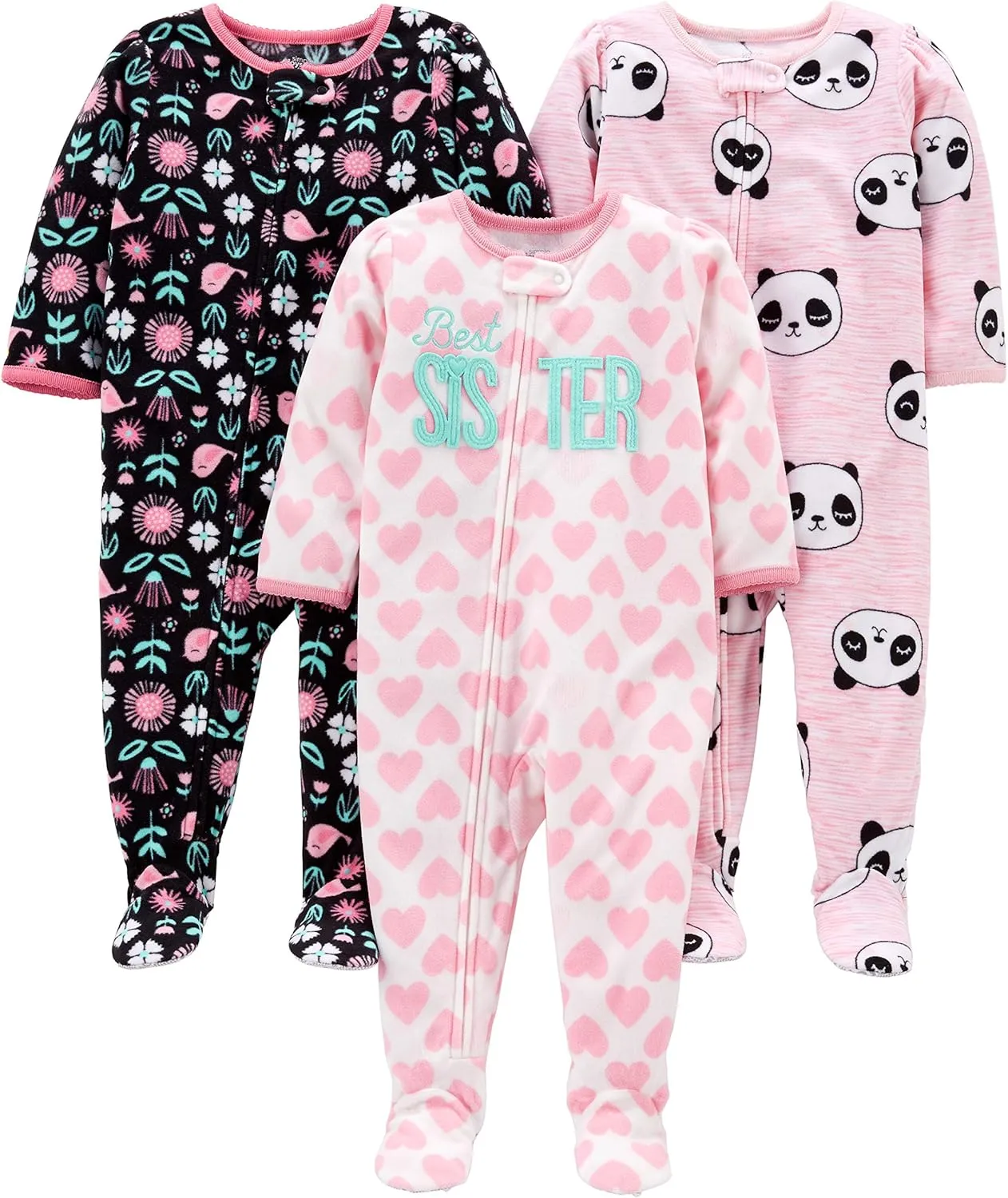 Simple Joys by Carter's Toddlers and Baby Girls' Loose-Fit Flame Resistant Fleece Footed Pajamas, Pack of 3