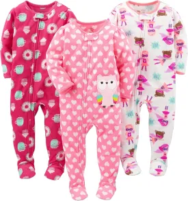 Simple Joys by Carter's Toddlers and Baby Girls' Loose-Fit Flame Resistant Fleece Footed Pajamas, Pack of 3