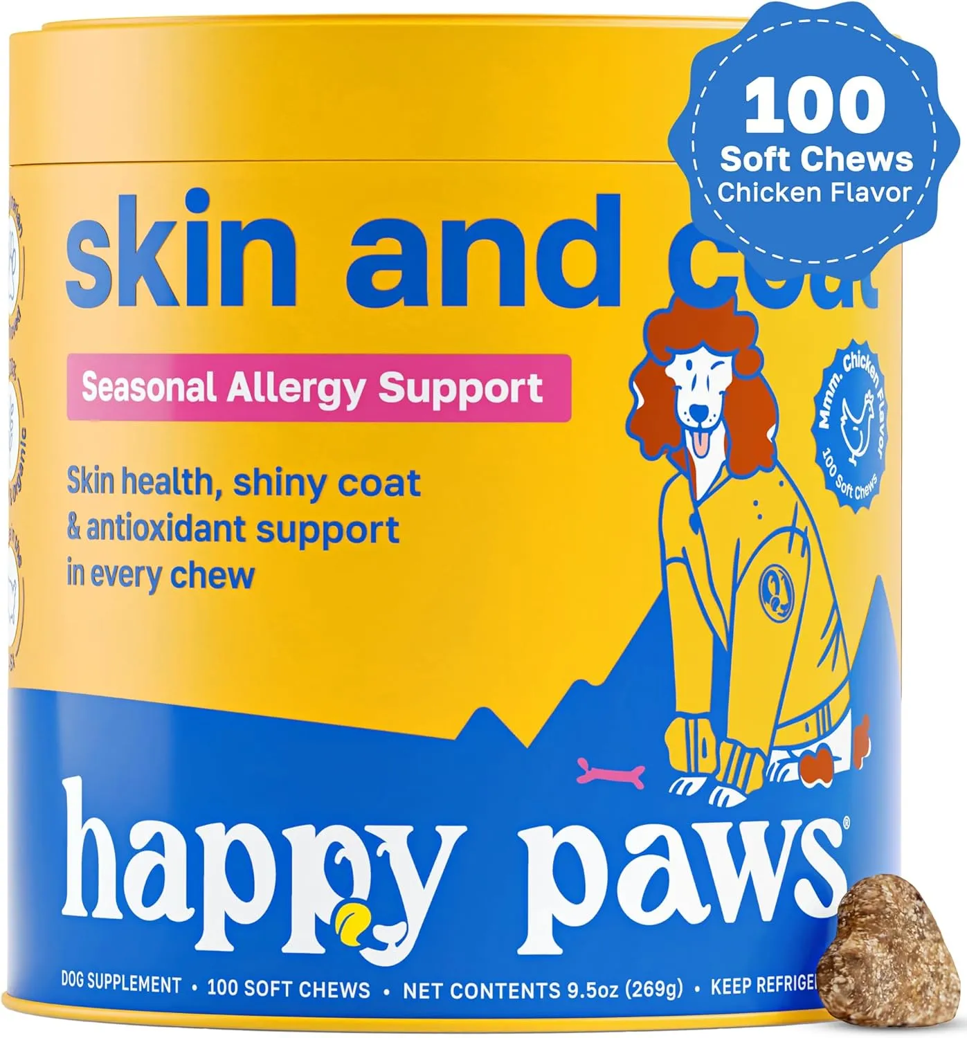 Skin and Coat Supplement for Dogs, Soft Chews with Biotin, Coconut Oil, Vitamins B & E, Organic Coral Calcium, P-18 Probiotics, Sweet Potato, Vegan, Organic, Chicken Flavored, 100