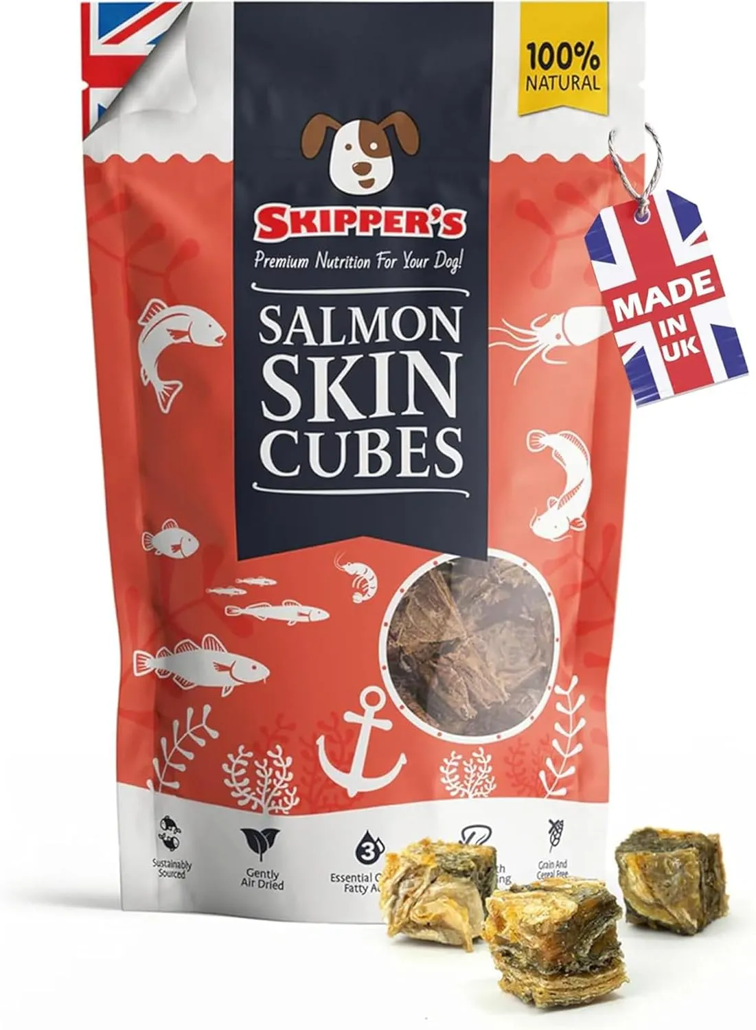 SKIPPER'S Salmon Skin Cubes - 100% Salmon Grain Free & Hypoallergenic Cubes for Dogs, All Natural & Healthy Dog Treats, Omega 3 & 6 Oil, Great for Skin, Coat & Joints | (8.82 Oz)