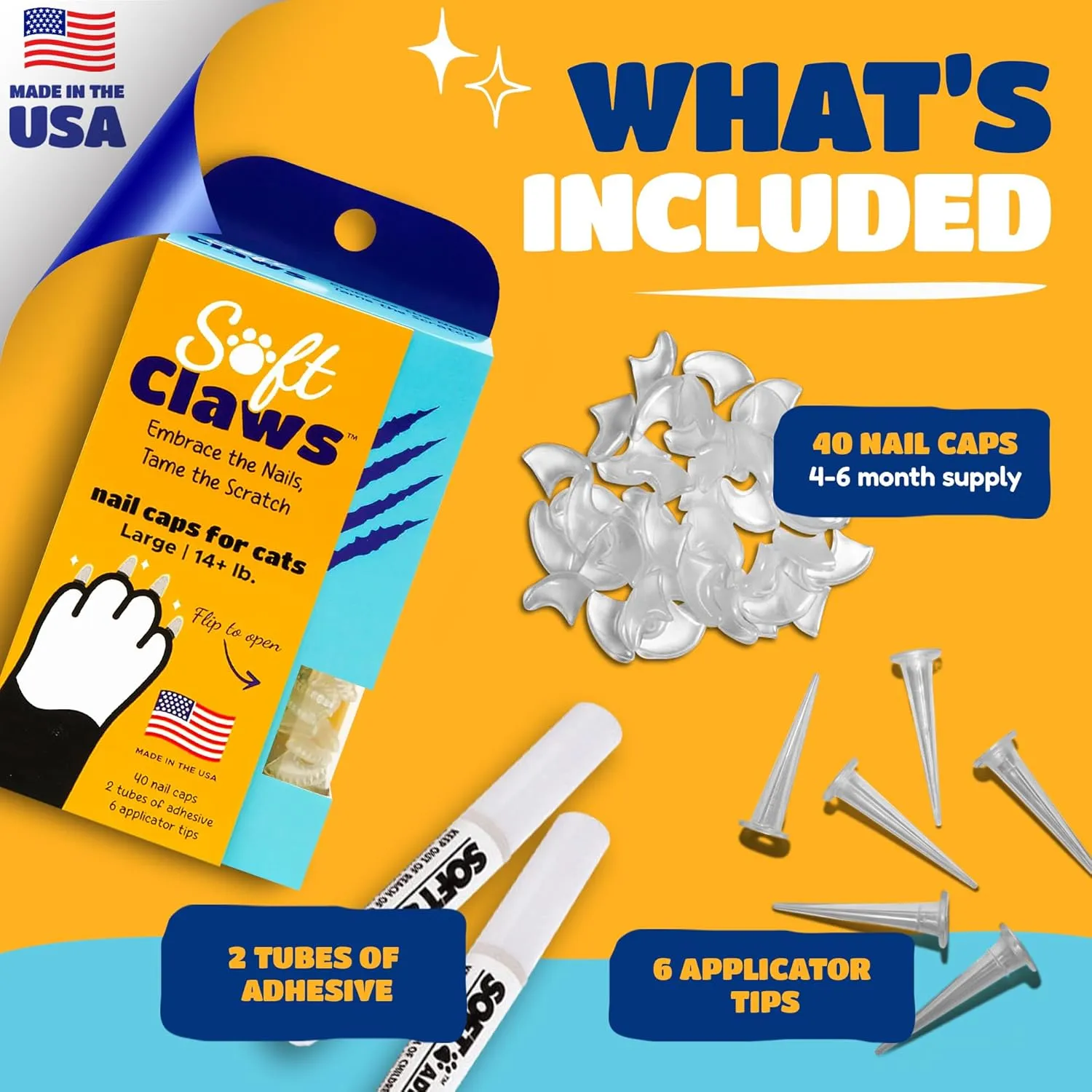 Soft Claws Cat Nail Caps for Large Cats  (40 Caps, Black) - Made in USA - Veterinarian-Developed | Protects Furniture & Skin - Easy to Apply, Long-Lasting Anti-Scratch Soft Cat Claw Covers