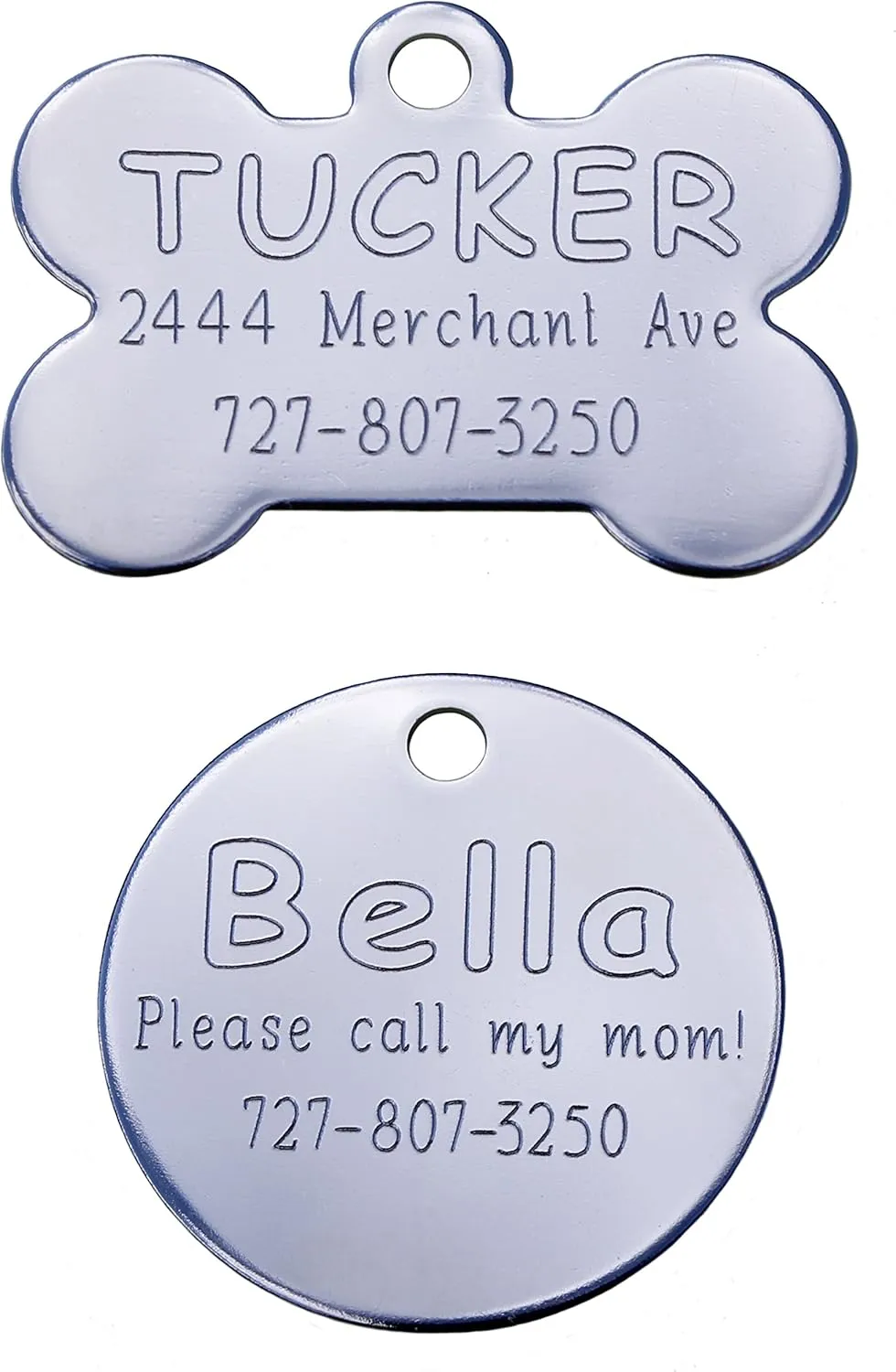 Stainless Steel Pet ID Tag - Diamond Engraved - Bone, Round, or Heart Shape (Round, Regular)