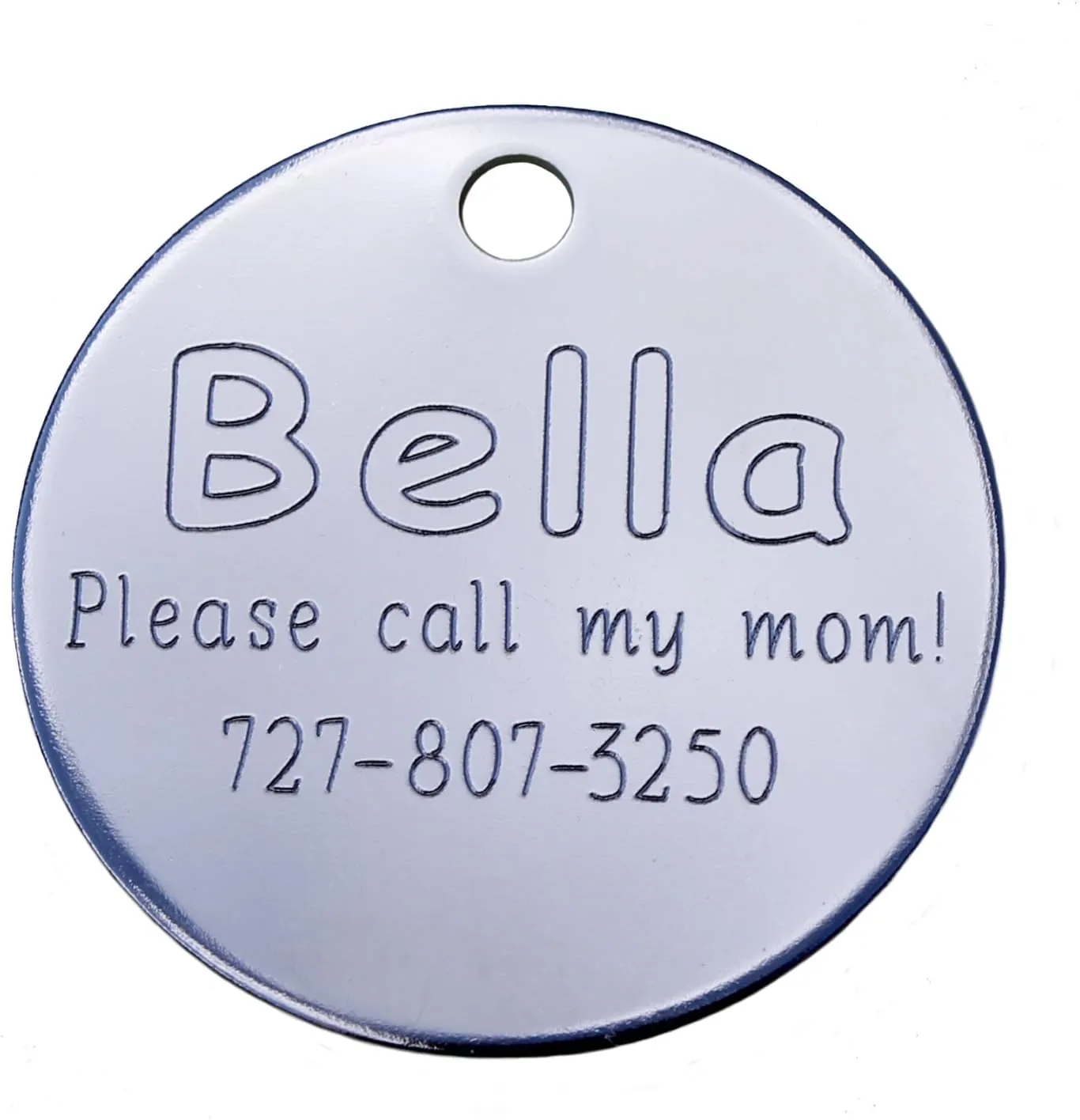 Stainless Steel Pet ID Tag - Diamond Engraved - Bone, Round, or Heart Shape (Round, Regular)