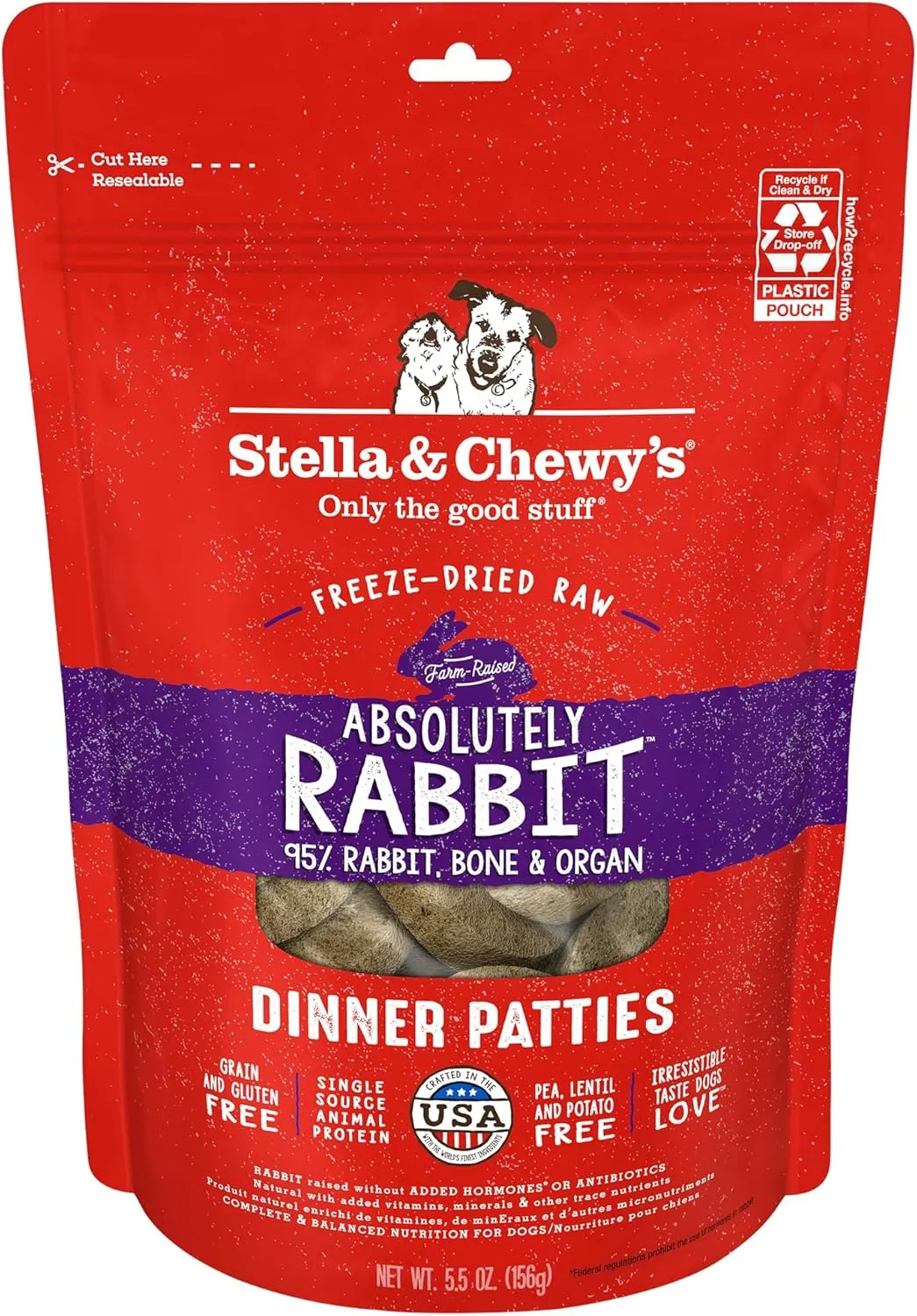Stella & Chewy's Freeze-Dried Raw Dinner Patties - Absolutely Rabbit Recipe - High Protein Grain-Free Puppy & Dog Food - Perfect For Picky Eaters - 5.5 oz