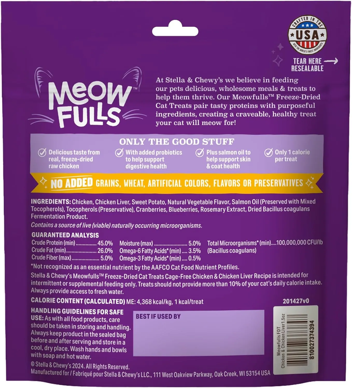 Stella & Chewy's Meowfulls Freeze Dried Cat Treats Chicken & Chicken Liver Recipe, 1.5 oz Bag