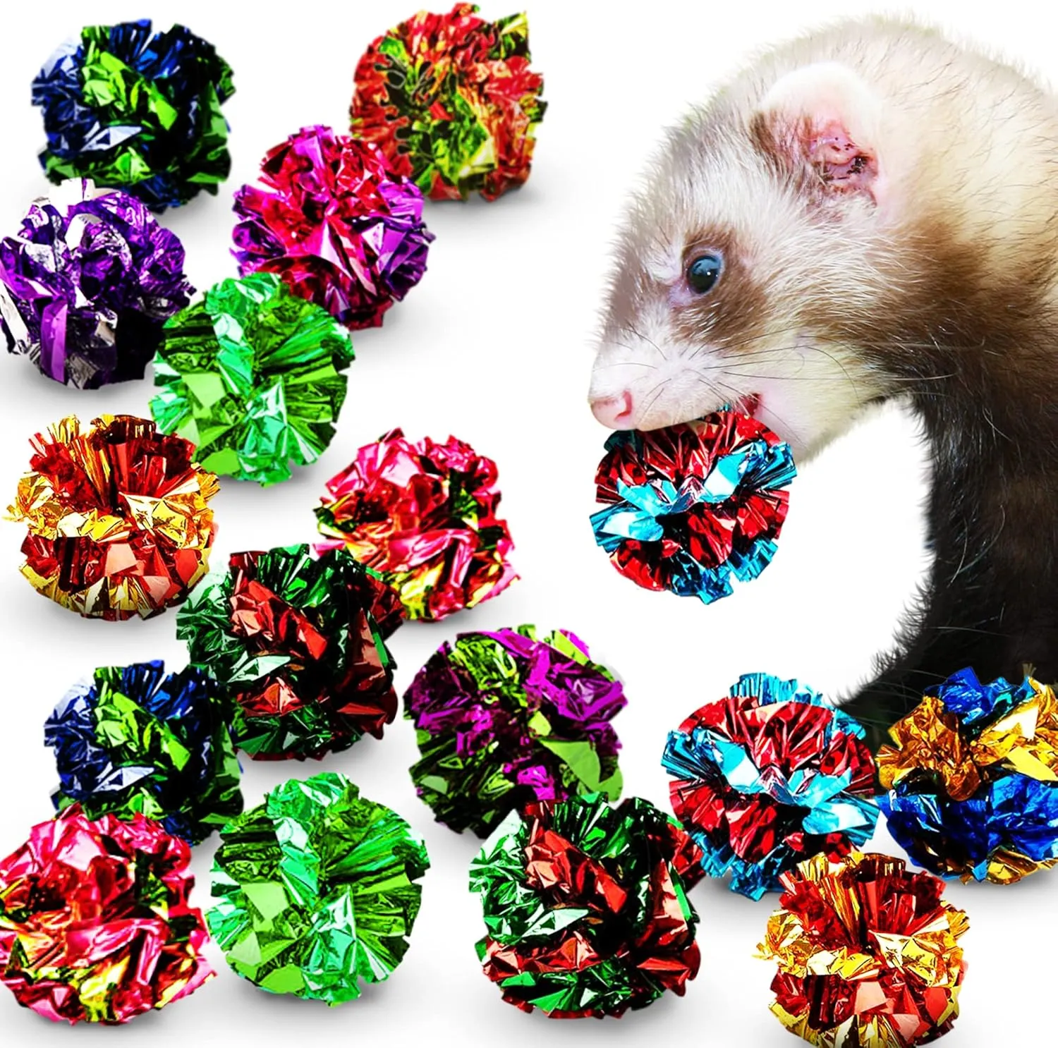 SunGrow 24 Pcs Ferret Mylar Crinkle Balls, 2" for Exercise to Keep Fit, Lightweight, Multicolor Shiny Foil with Crinkly Sound for Indoor Pet Cat, Kitten