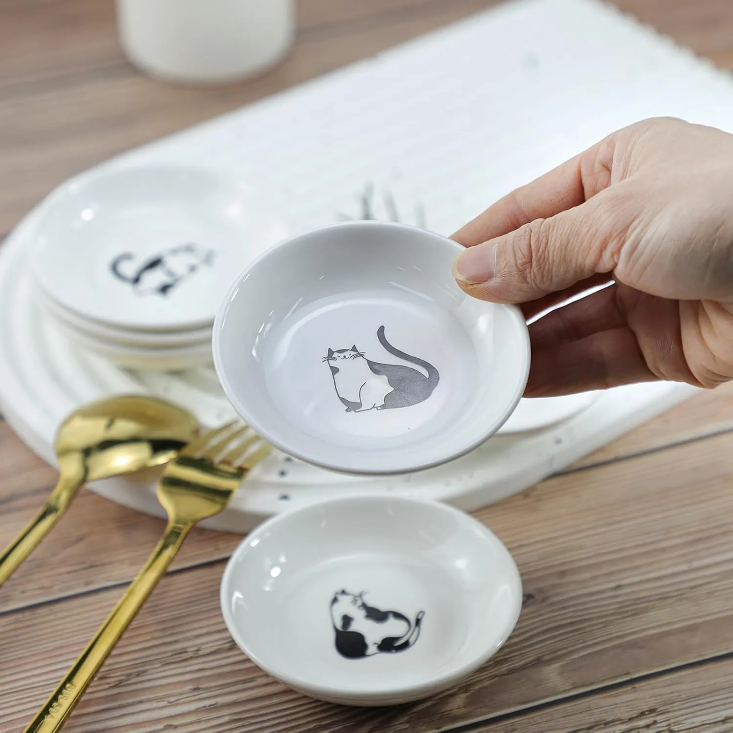 Super Cute Gentleman Cat Ceramic Sauce Dish/Seasoning Dish/Sushi Soy Dipping Bowl/Appetizer Plates/Serving Dish for Kitchen Home(Set of 6)