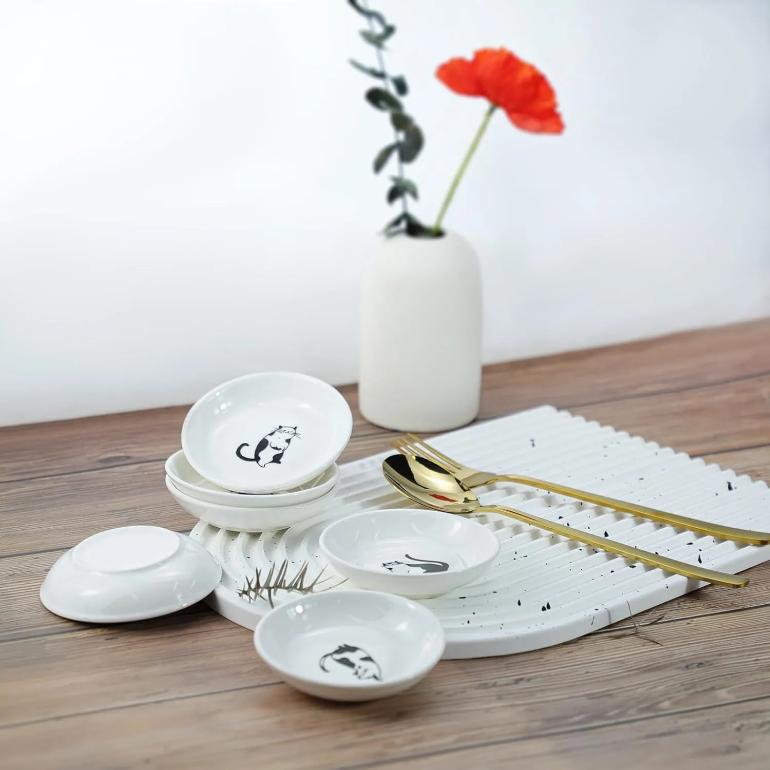 Super Cute Gentleman Cat Ceramic Sauce Dish/Seasoning Dish/Sushi Soy Dipping Bowl/Appetizer Plates/Serving Dish for Kitchen Home(Set of 6)
