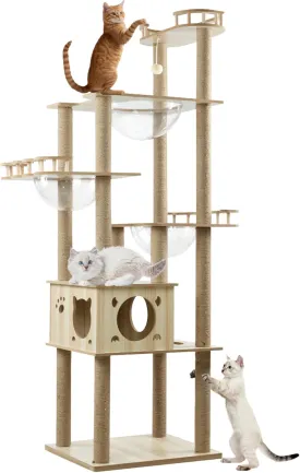 Tall Cat Tree,76-Inch Cat Tower for Indoor Cats, Multi-Level Wood Cat Tower with 12 Scratching Posts, a Large Caves, 3Acrylic Space Capsule and Toy for Small Large Cats