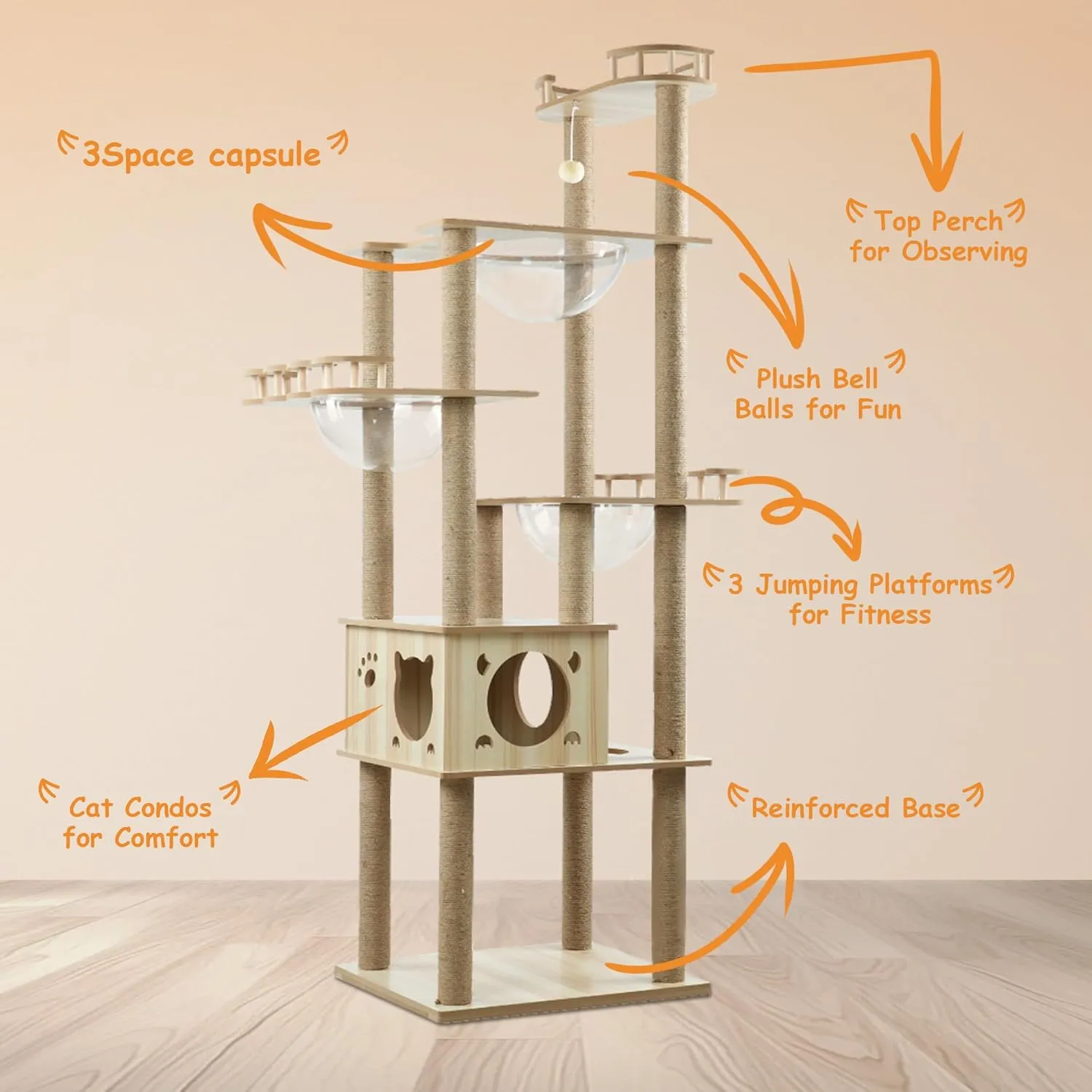 Tall Cat Tree,76-Inch Cat Tower for Indoor Cats, Multi-Level Wood Cat Tower with 12 Scratching Posts, a Large Caves, 3Acrylic Space Capsule and Toy for Small Large Cats