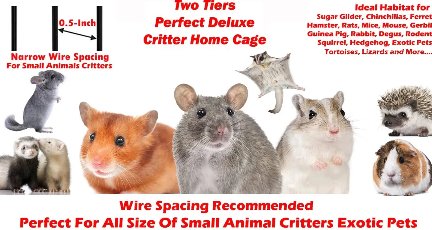 Two Tiers Deluxe Ferret Hammock Guinea Pig Rats Small Animal Critter Home Rolling Cage Tight 1/2-inch Bar Spacing Durable Front Door Water Bottle Food Bowl Easy Clean Pull Out Grate Tray On Wheels