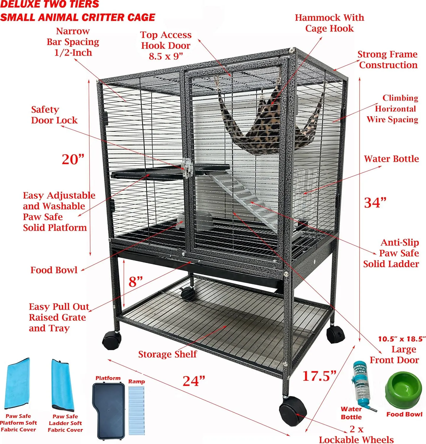 Two Tiers Deluxe Ferret Hammock Guinea Pig Rats Small Animal Critter Home Rolling Cage Tight 1/2-inch Bar Spacing Durable Front Door Water Bottle Food Bowl Easy Clean Pull Out Grate Tray On Wheels