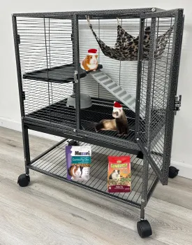 Two Tiers Deluxe Ferret Hammock Guinea Pig Rats Small Animal Critter Home Rolling Cage Tight 1/2-inch Bar Spacing Durable Front Door Water Bottle Food Bowl Easy Clean Pull Out Grate Tray On Wheels