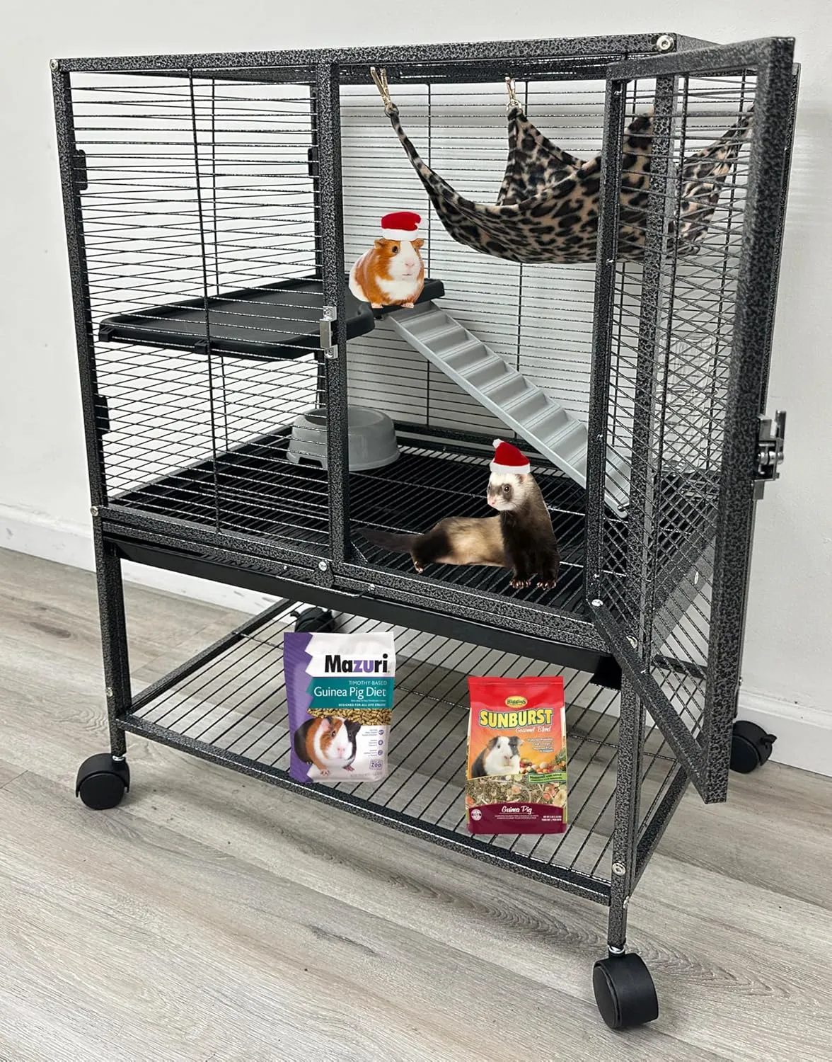 Two Tiers Deluxe Ferret Hammock Guinea Pig Rats Small Animal Critter Home Rolling Cage Tight 1/2-inch Bar Spacing Durable Front Door Water Bottle Food Bowl Easy Clean Pull Out Grate Tray On Wheels