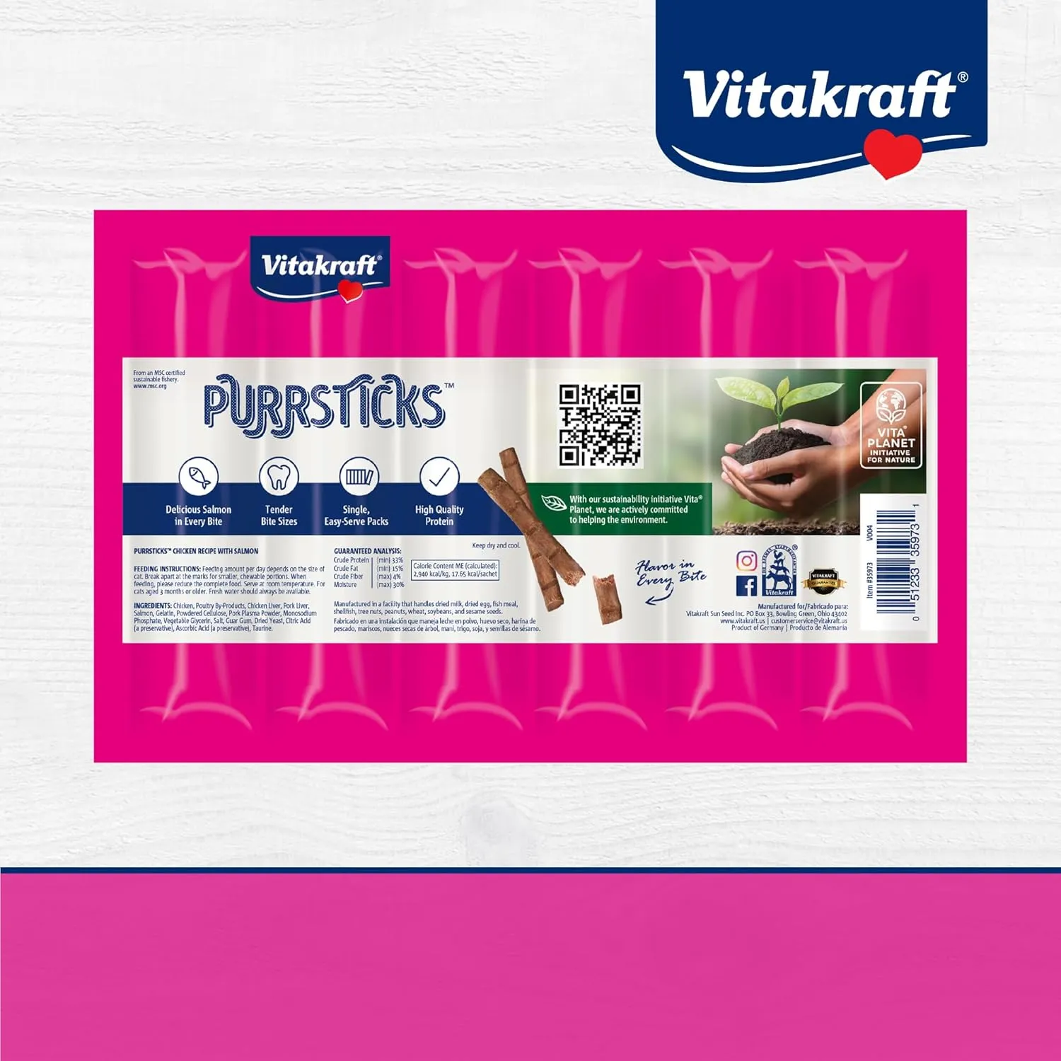 Vitakraft PurrSticks Cat Treat, Chicken with Salmon, Multi Pack of 4