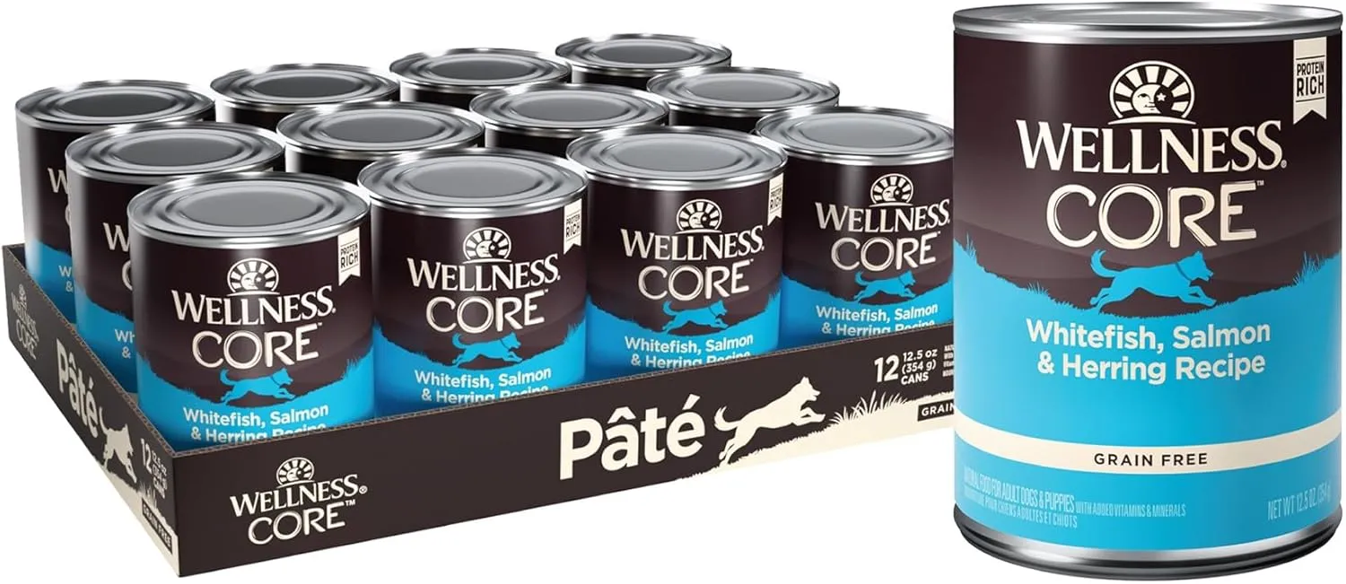 Wellness CORE Natural Wet Grain Free Canned Dog Food, Whitefish, Salmon & Herring, 12.5-Ounce Can (Pack of 12)