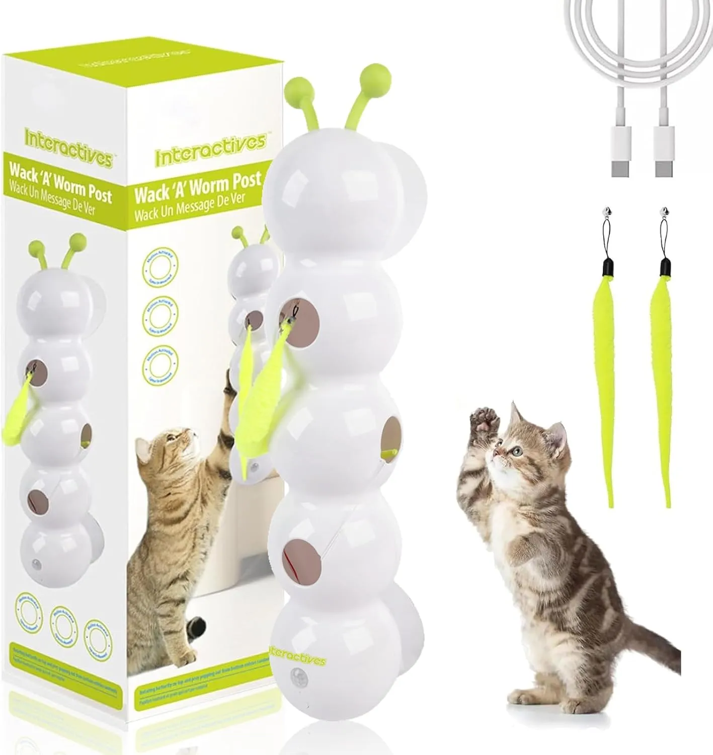 Whirlie Cat Toy, Whirlie Smart Motion Cat Toy with Worm Design, Happy Luna Cats Toys with Suction Cup, Suitable for Indoor Wall, Door and Window Installation (White)