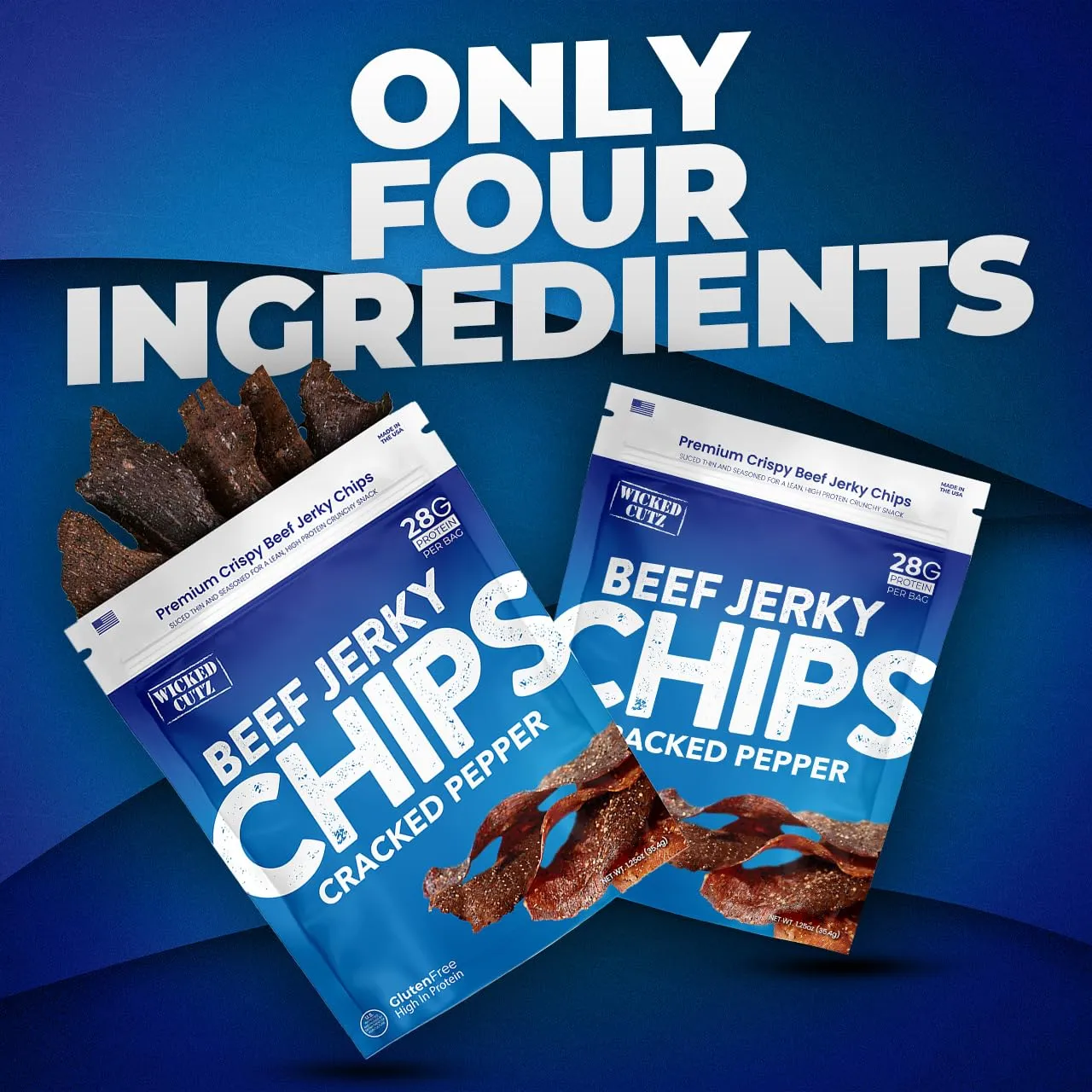 Wicked Cutz Cracked Pepper Beef Jerky Chips, 28g Protein per Bag, Crispy & Crunchy Beef Jerky Crisps, USA Made Pepper Flavored Chips, High Protein Carnivore Snacks (2 Bags)