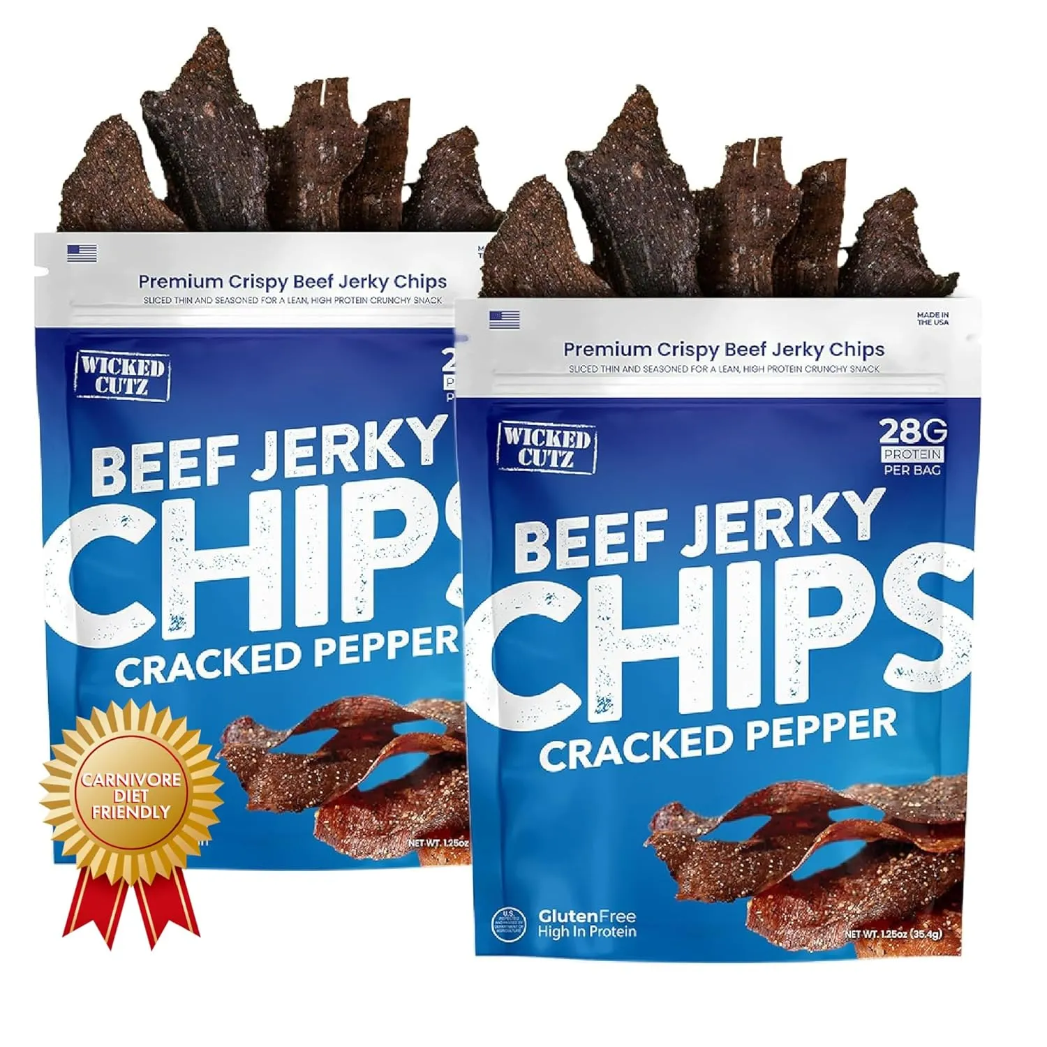 Wicked Cutz Cracked Pepper Beef Jerky Chips, 28g Protein per Bag, Crispy & Crunchy Beef Jerky Crisps, USA Made Pepper Flavored Chips, High Protein Carnivore Snacks (2 Bags)