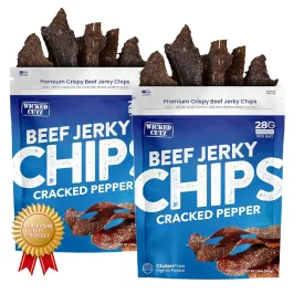 Wicked Cutz Cracked Pepper Beef Jerky Chips, 28g Protein per Bag, Crispy & Crunchy Beef Jerky Crisps, USA Made Pepper Flavored Chips, High Protein Carnivore Snacks (2 Bags)