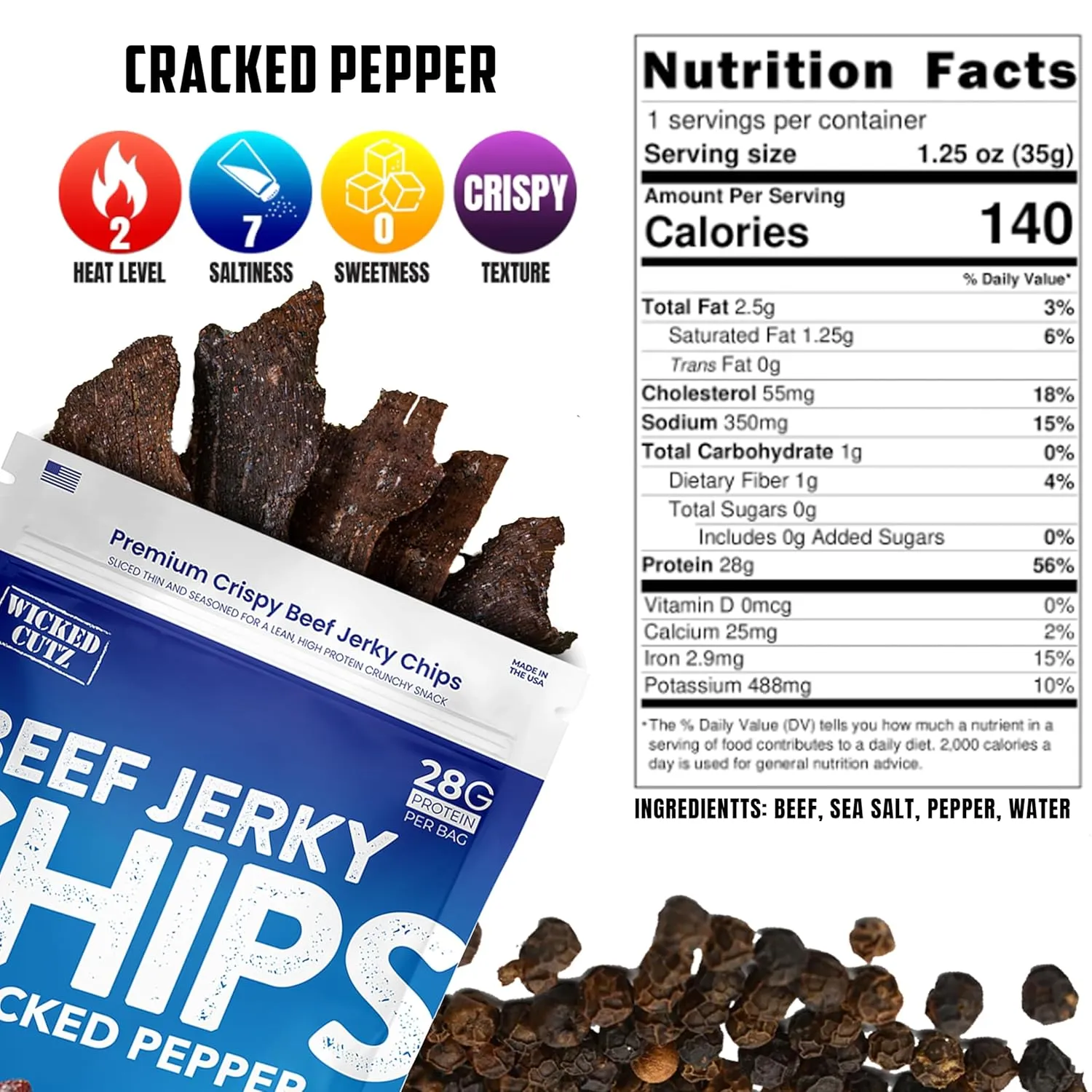 Wicked Cutz Cracked Pepper Beef Jerky Chips, 28g Protein per Bag, Crispy & Crunchy Beef Jerky Crisps, USA Made Pepper Flavored Chips, High Protein Carnivore Snacks (2 Bags)